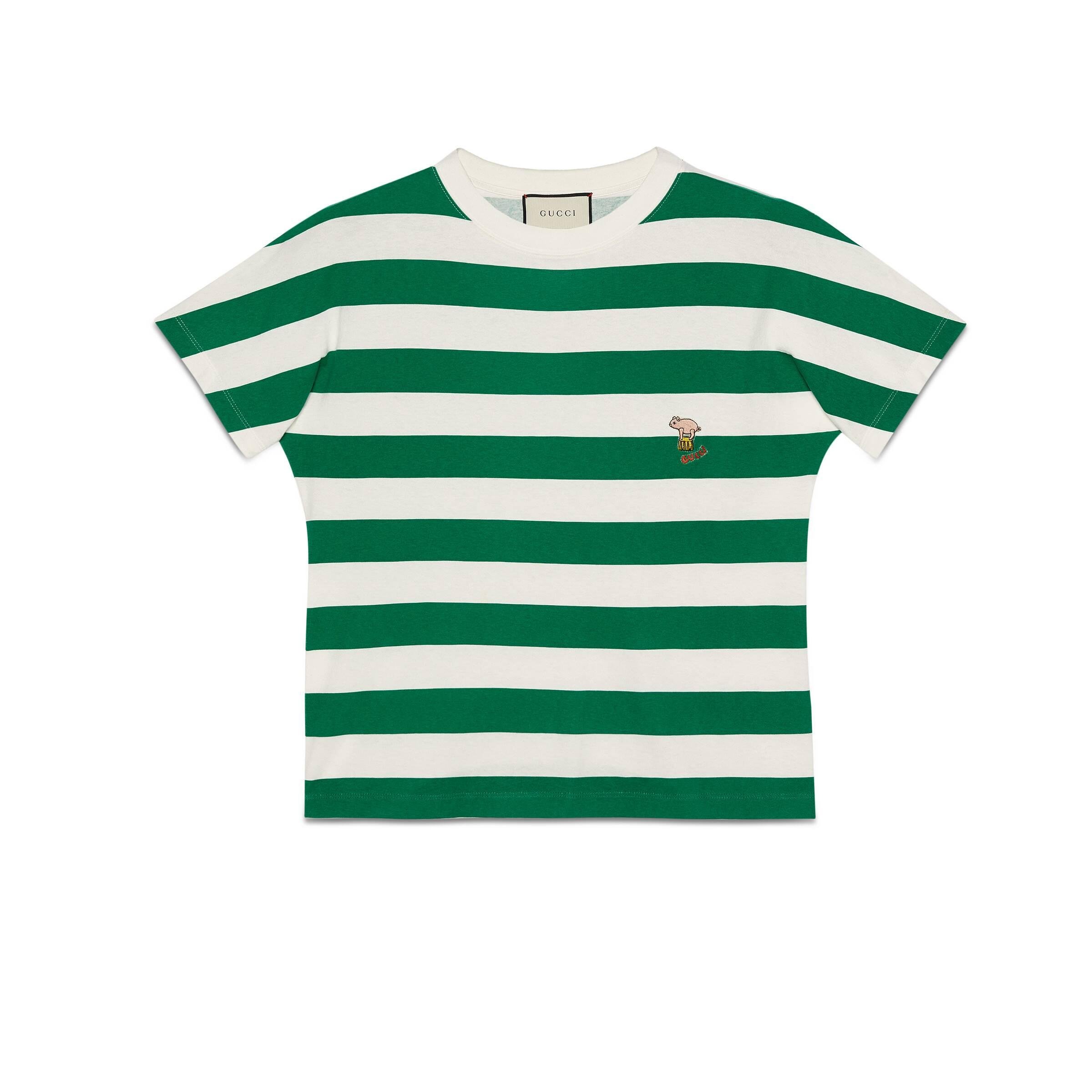 Gucci Striped T-shirt With Piglet Patch in Green for Men | Lyst