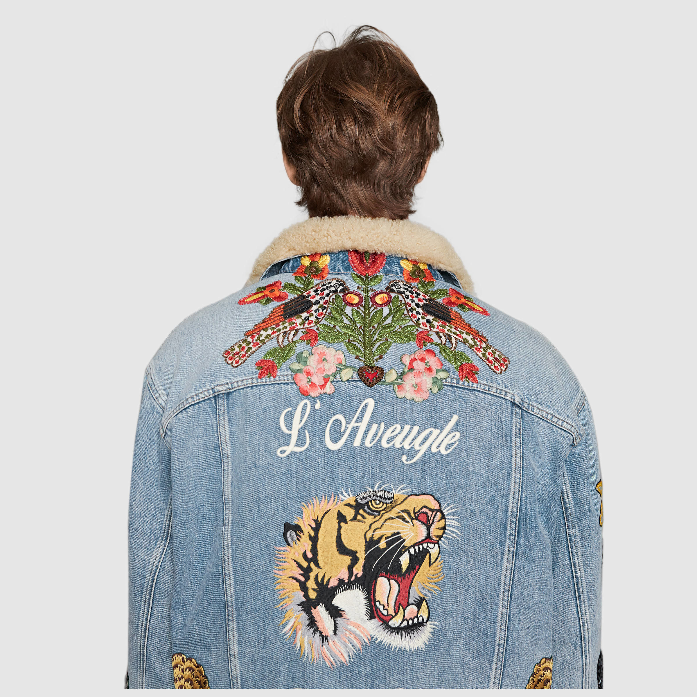 Gucci Embroidered Denim Jacket With Shearling in Blue for Men (light ...