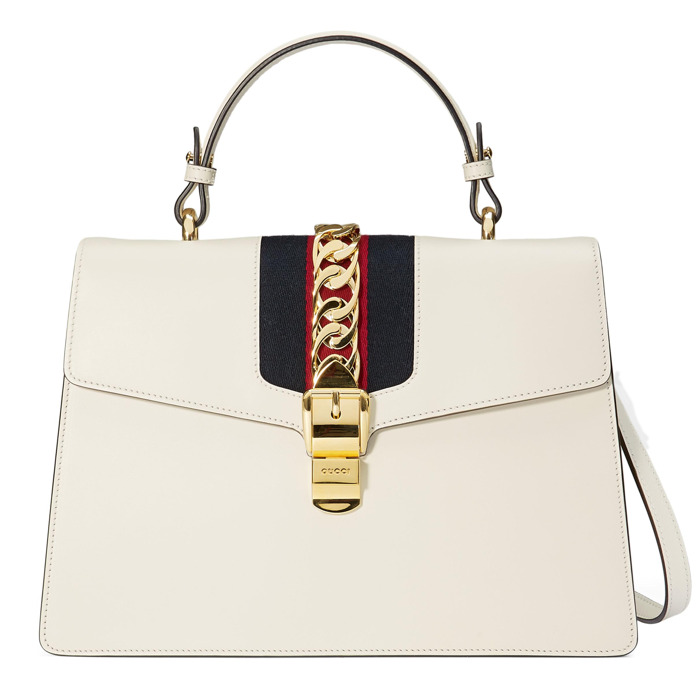Gucci Leather Sylvie Medium Top Handle Bag in White Leather (White) Lyst