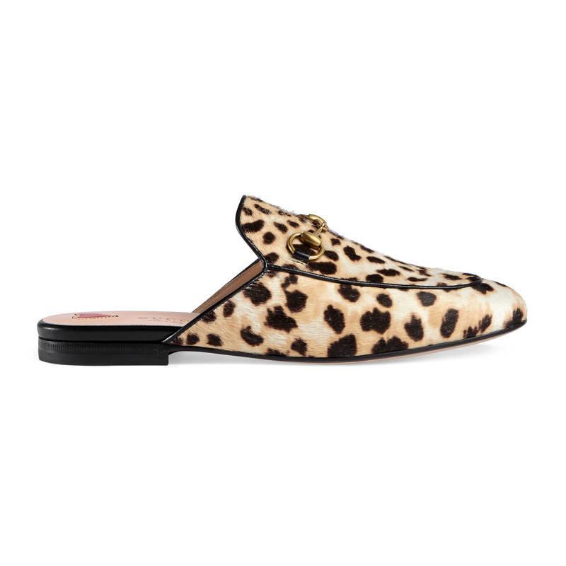 Gucci Leather Princetown Leopard Calf Hair Slipper in Brown - Lyst