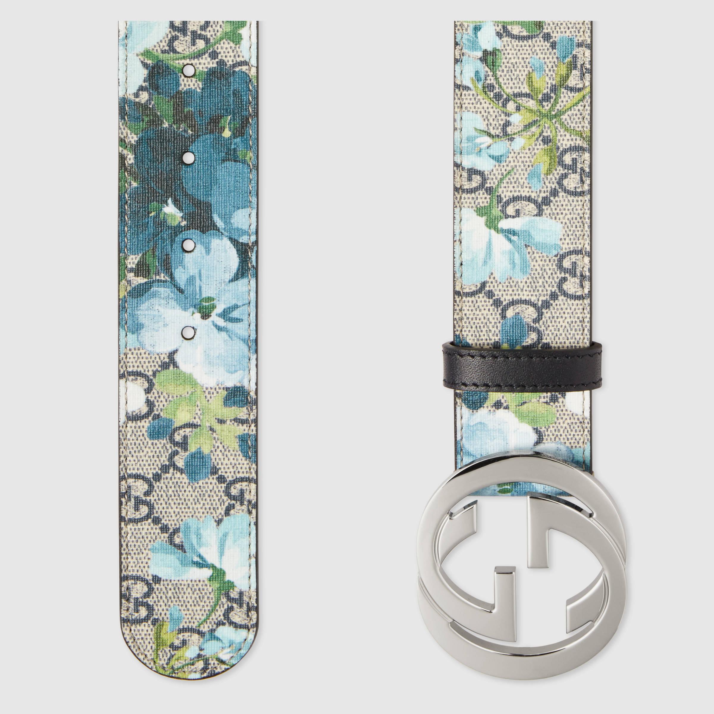 Gucci Blooms Belt GG Supreme Monogram Beige/Blue in Leather with  Silver-tone - US
