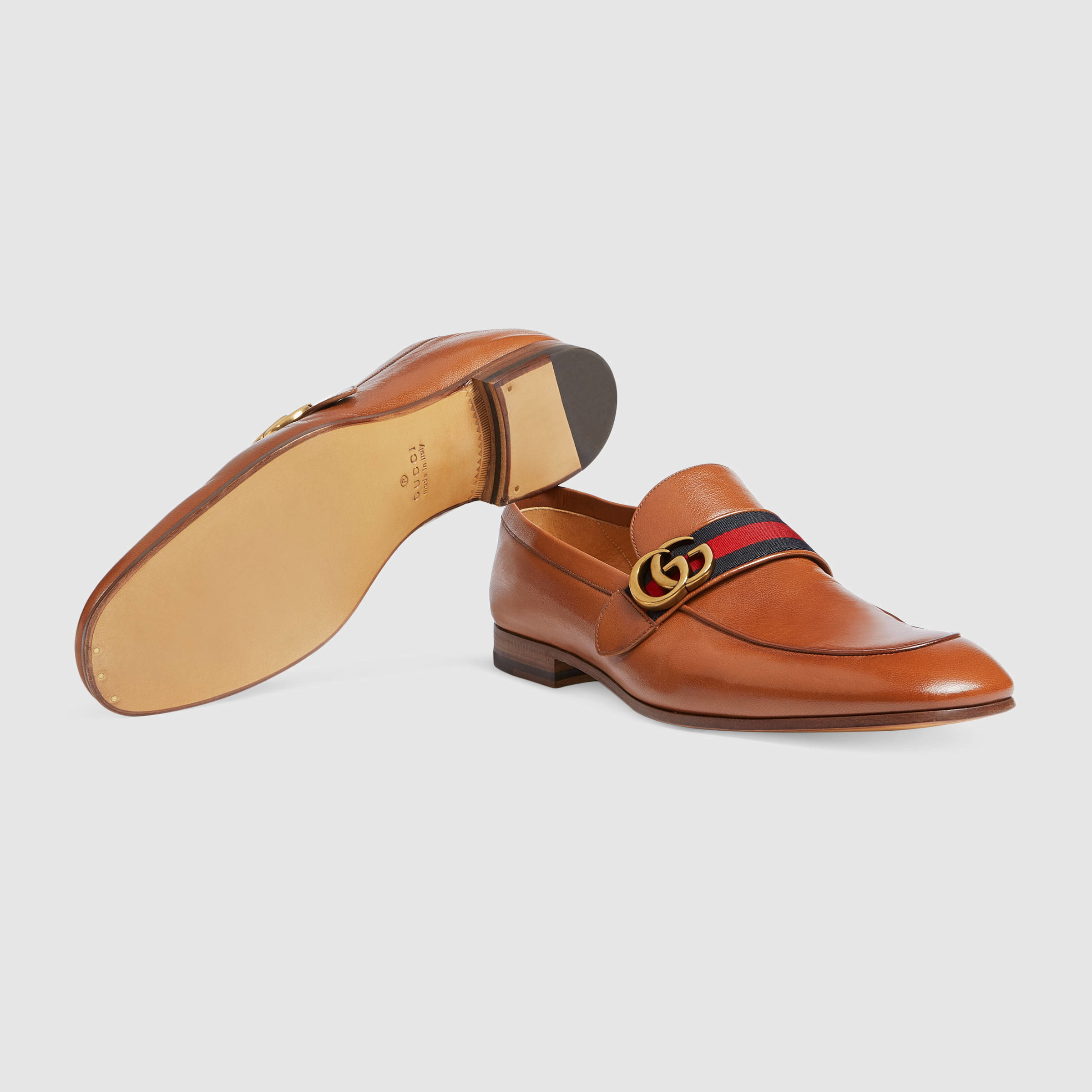 Gucci Leather Loafer With Gg Web in Brown for Men | Lyst