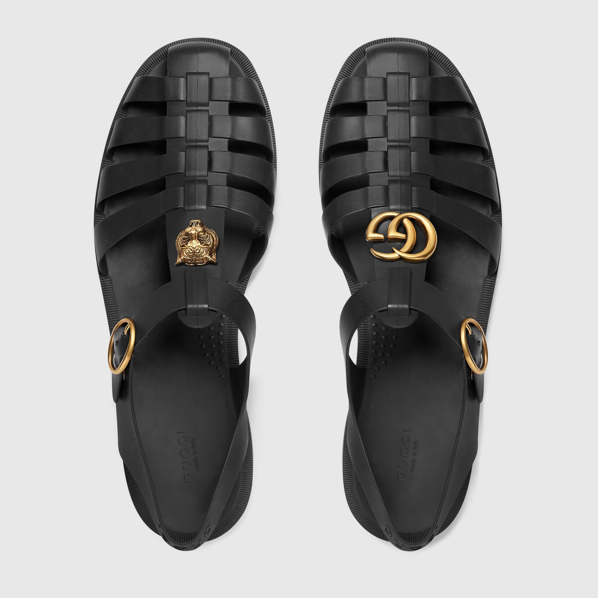 Gucci Black Rubber Marmont And Tiger Embellished Buckle Strap Sandals for  Men | Lyst