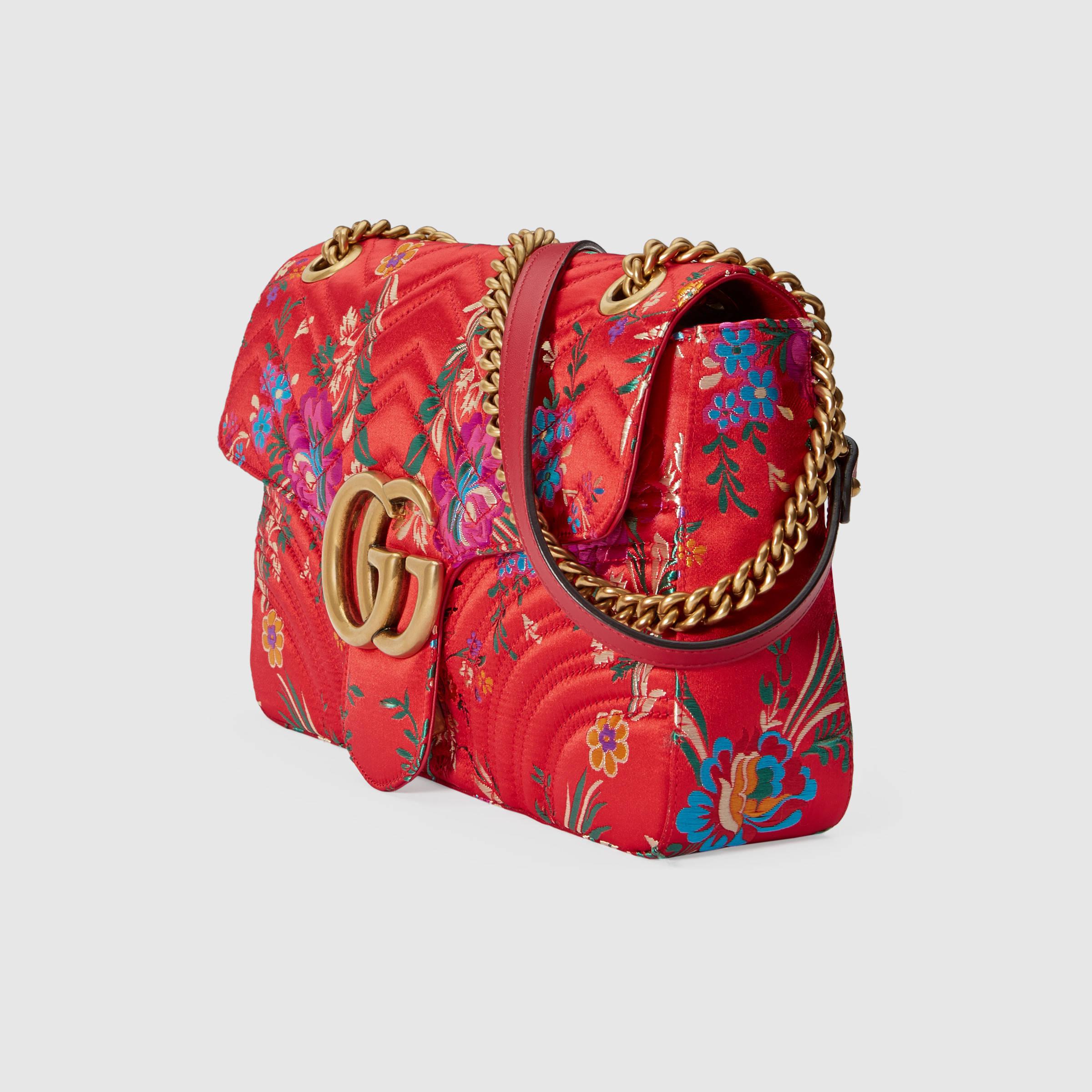 Gucci Gg Marmont Floral Jacquard Shoulder Bag in Red | Lyst