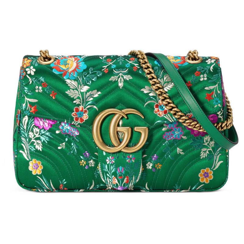 Gucci Suede Gg Marmont Floral Jacquard Shoulder Bag in Green - Lyst