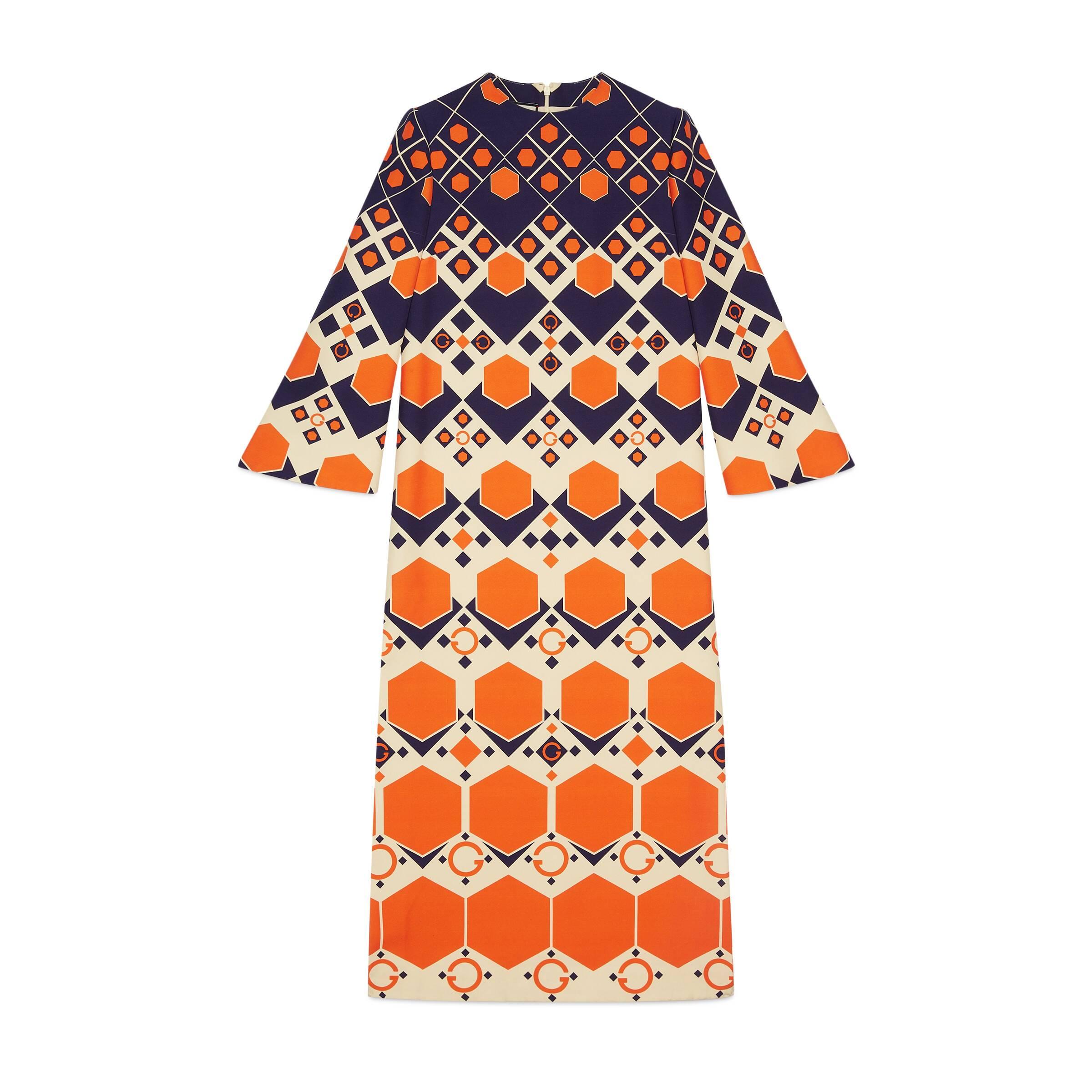 Gucci Long G Hexagon Print Wool Silk Dress in Orange | Lyst