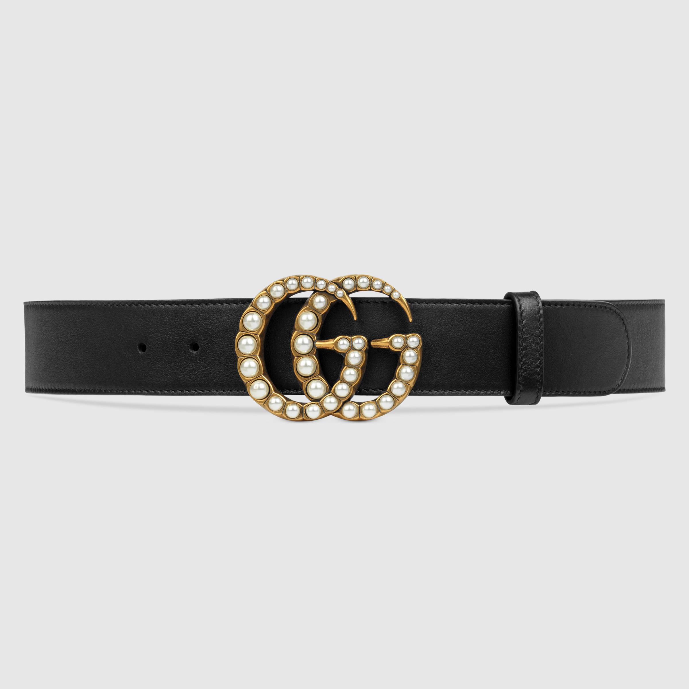 Gucci Leather Belt With Pearl Double G in Black | Lyst