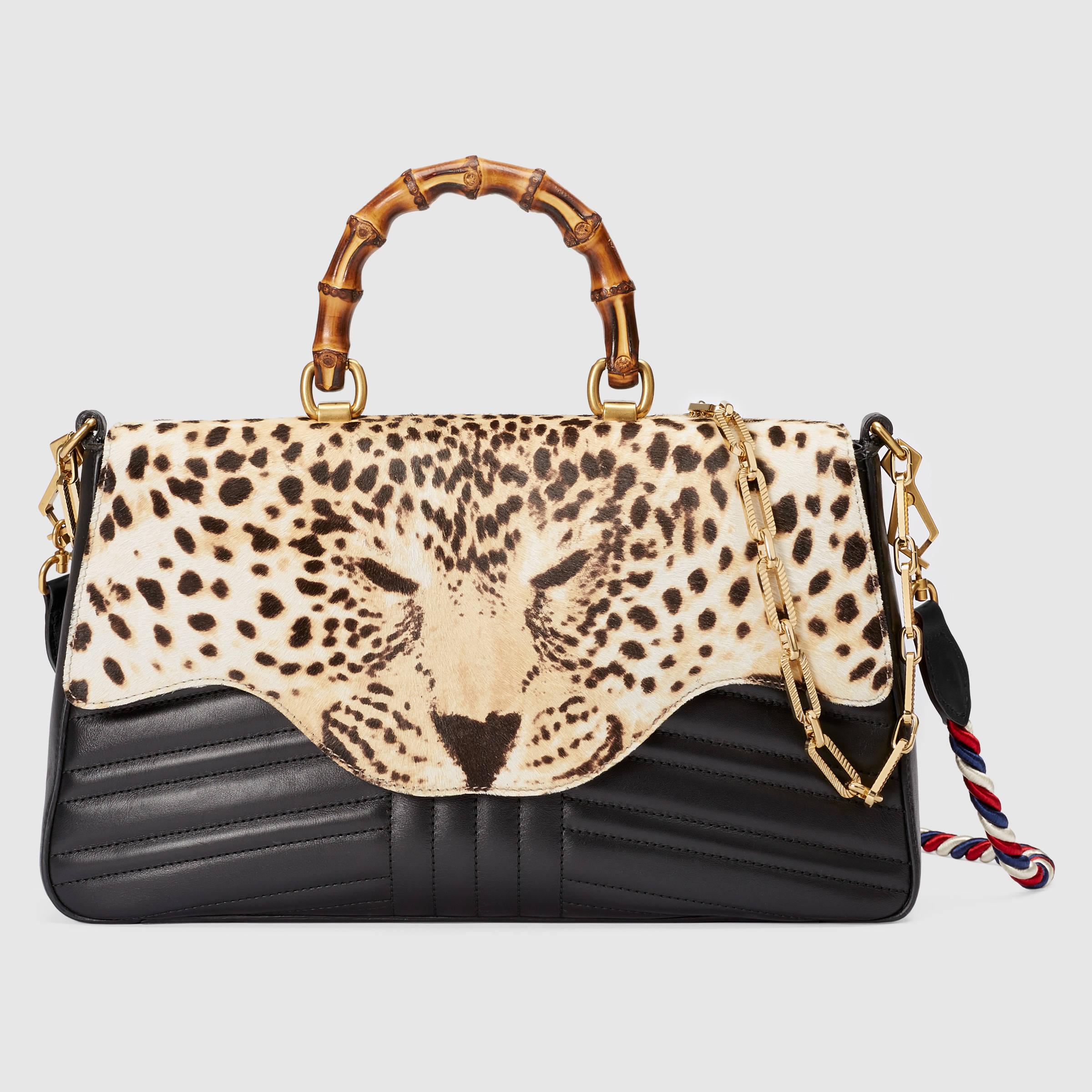 Gucci Leather Leopard Print Top Handle Bag - Lyst