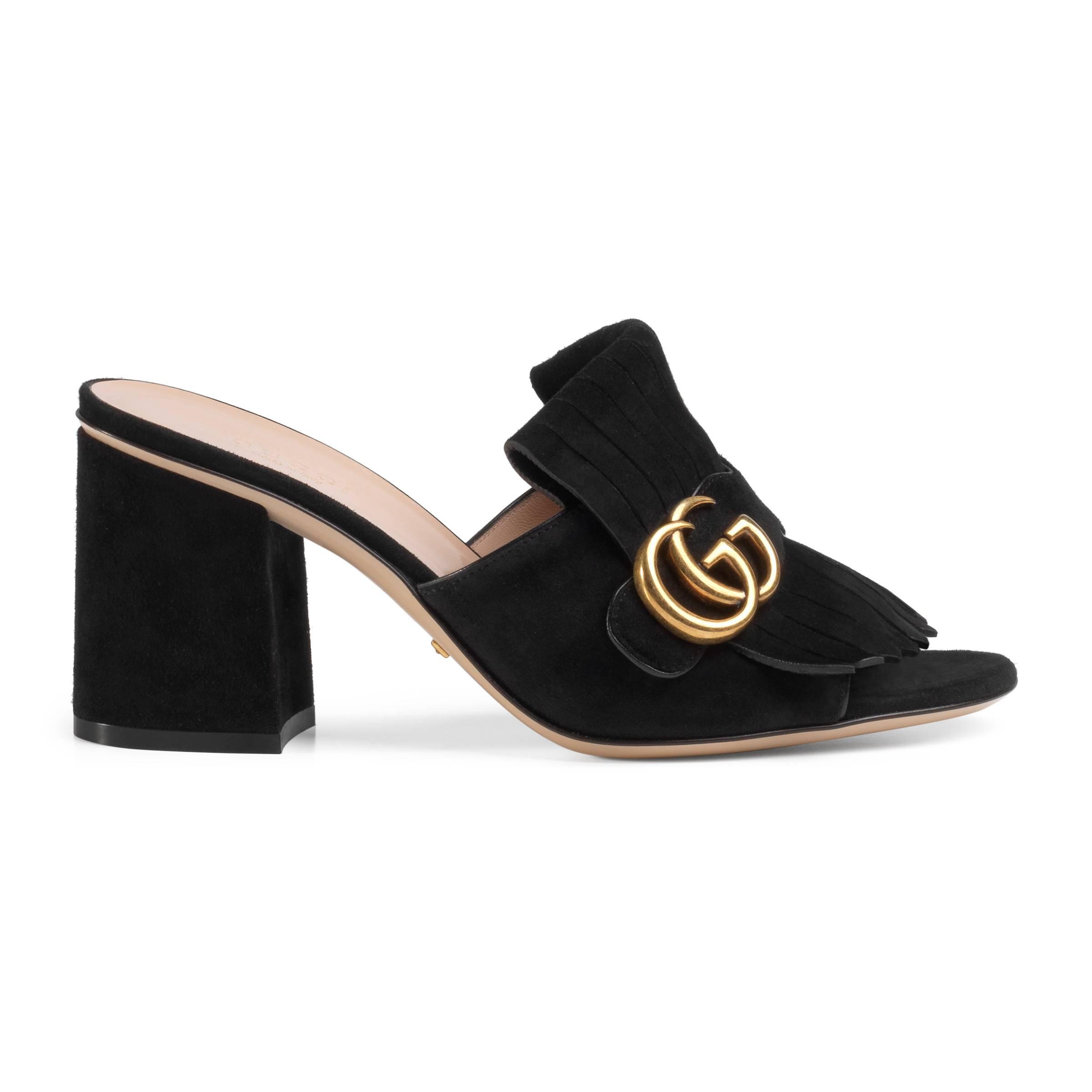 Sandalia tipo Chancla de Ante de Tacón Medio Gucci de Cuero de color Negro  | Lyst