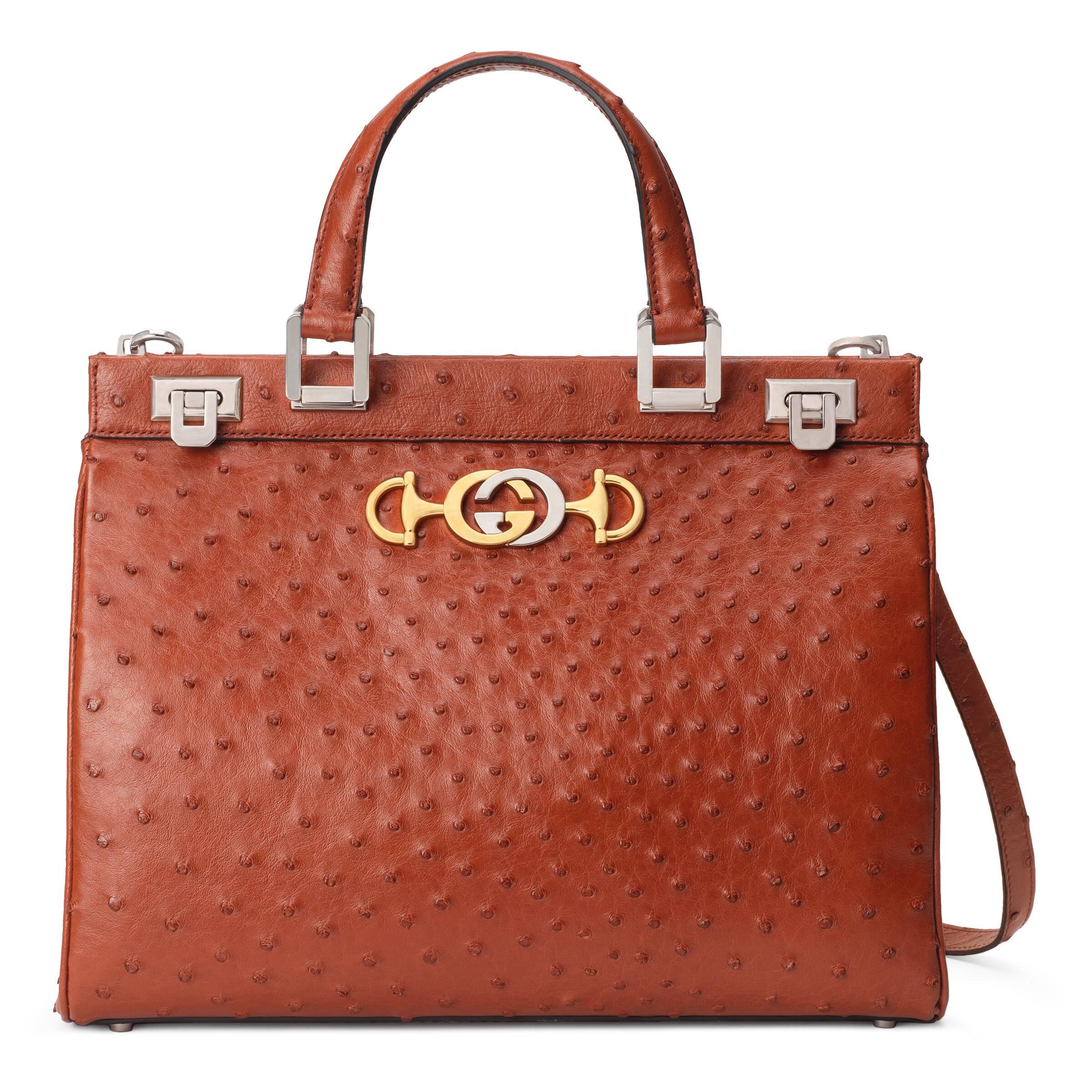 Gucci Zumi Ostrich Medium Top Handle Bag in Orange | Lyst