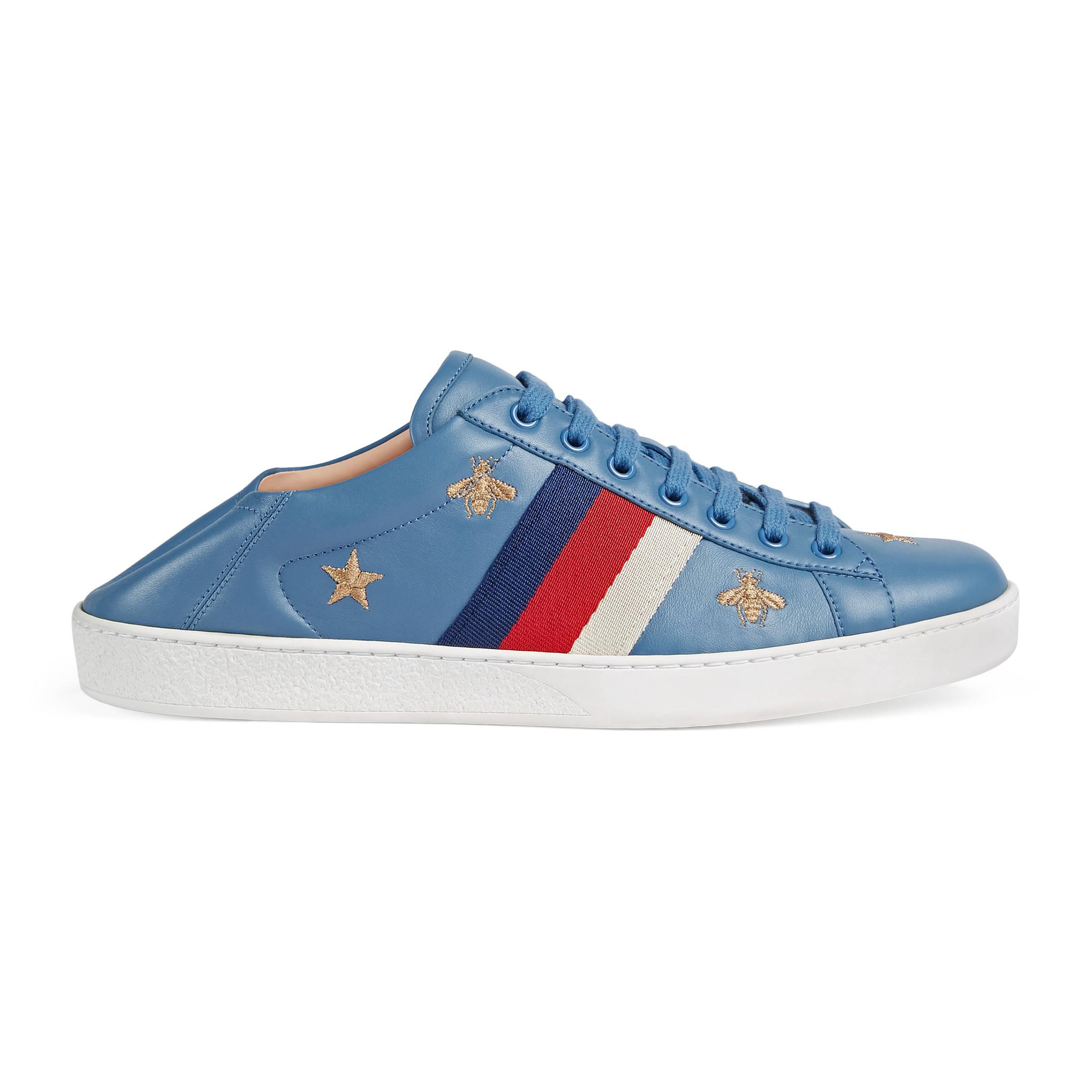 Gucci Leather Ace Sneaker With Bees And Stars in Blue Leather 