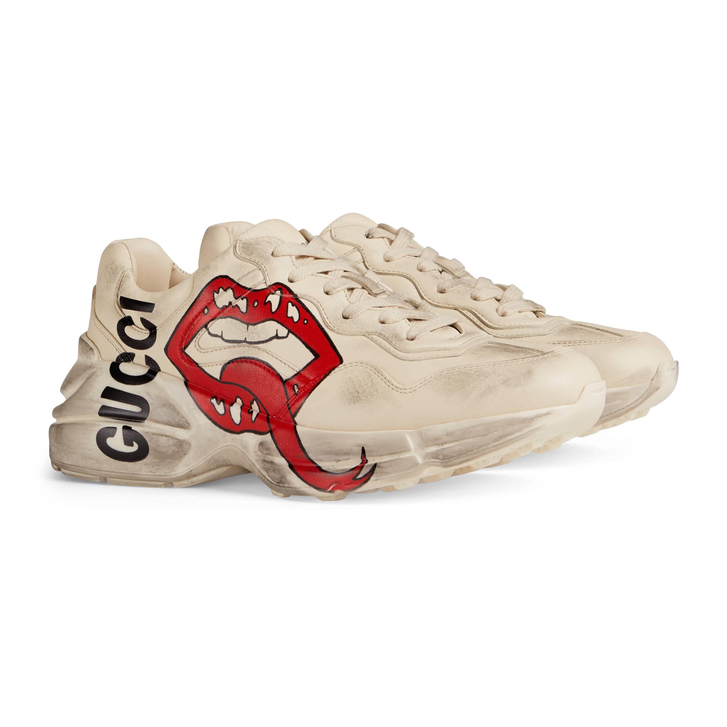 Gucci Rhyton Leather Sneakers With Maxi Mouth Print in Ivory (White ...