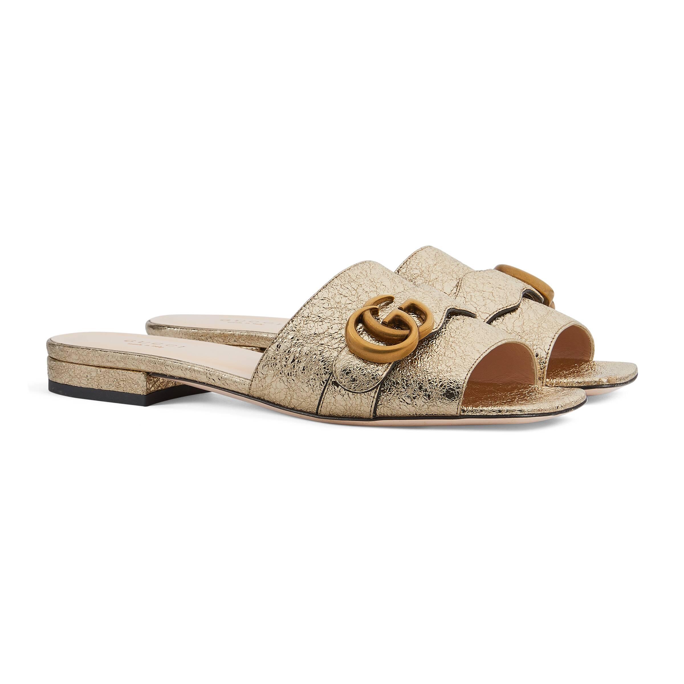 Gucci Leather Slide With Double G in Gold (Metallic) Lyst