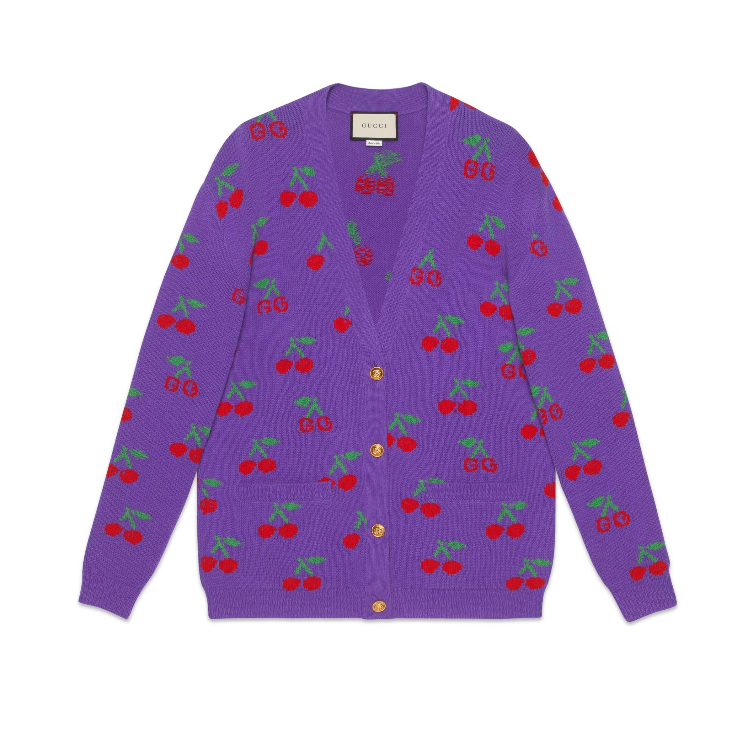 Gucci Wool GG Jacquard Cherries Cardigan in Purple - Lyst
