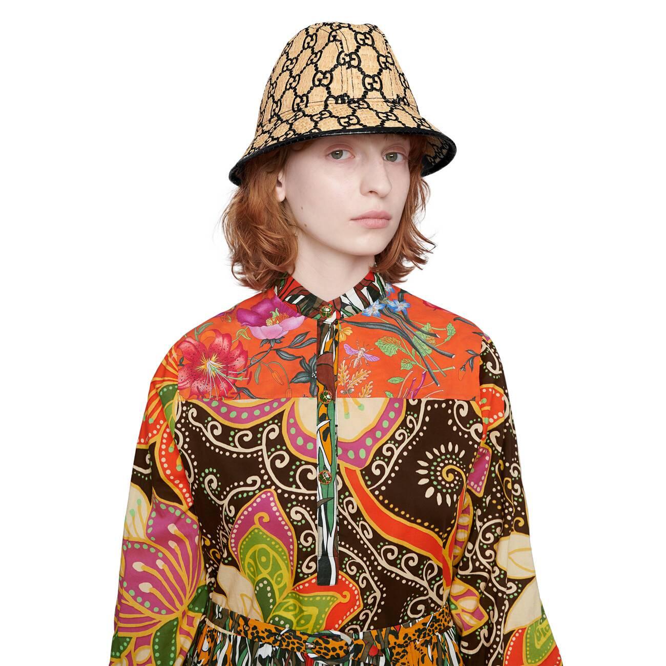 Gucci Cotton GG Fedora Hat With Snakeskin in Ivory/Black gg Raffia