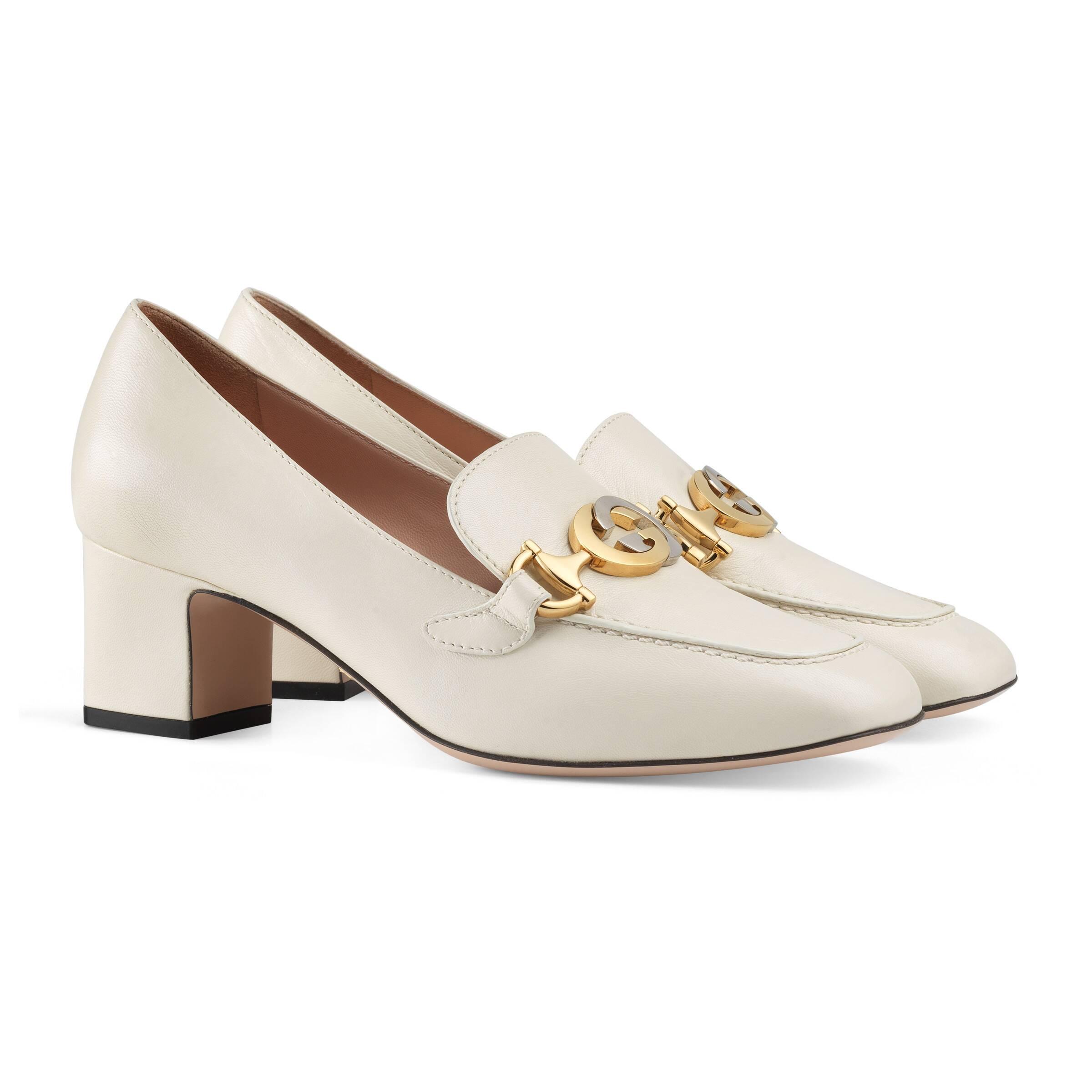 Gucci Zumi Leather Mid-heel Loafer in White Leather (White) - Lyst