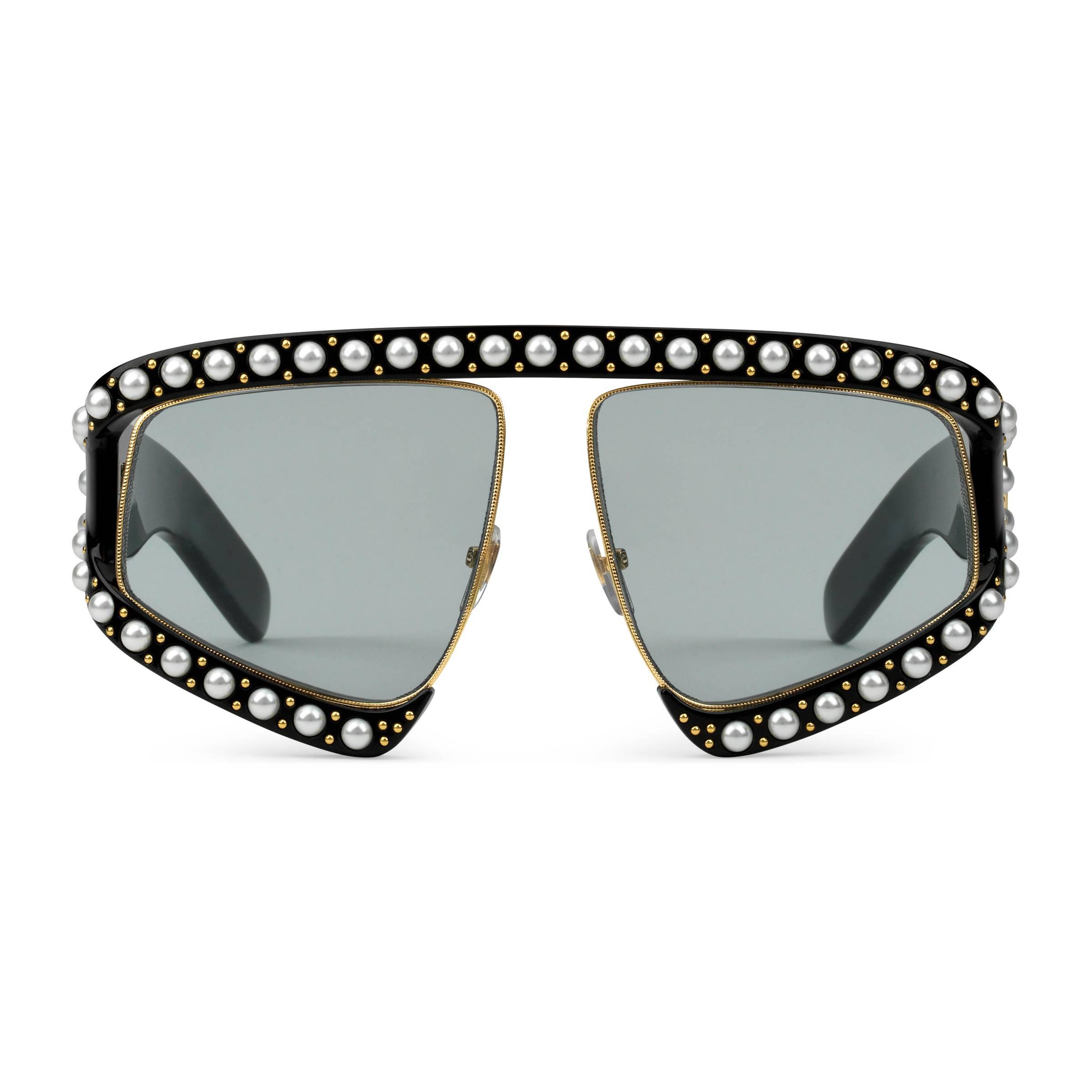 Gucci Samt Sonnenbrille mit rechteckigem Rahmen aus Acetat mit Perlen in  Grau - Lyst