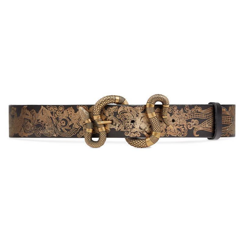 Gucci Printed Leather Belt With Snake Buckle in Black - Lyst