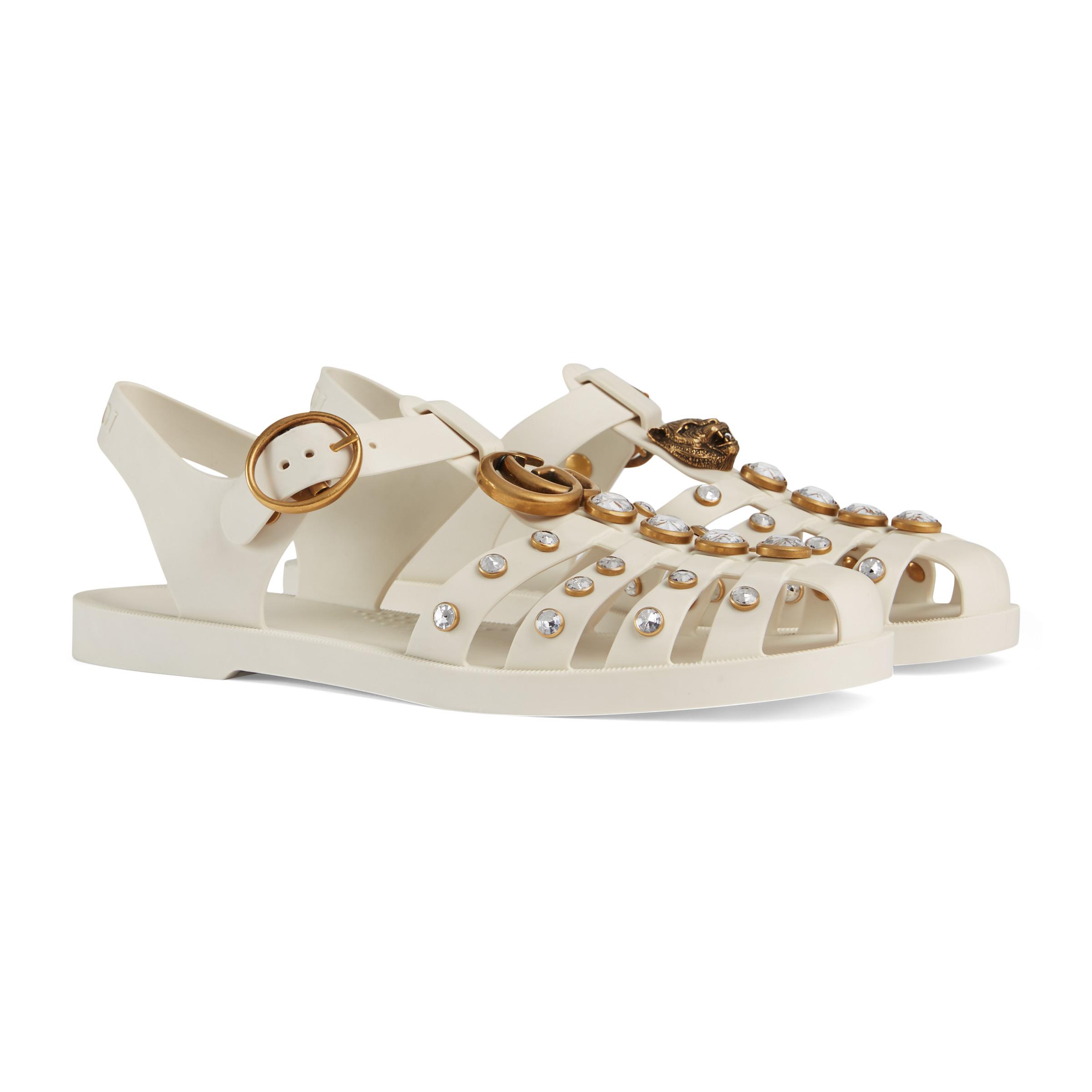 Gucci Rubber Sandal With Crystals in White | Lyst