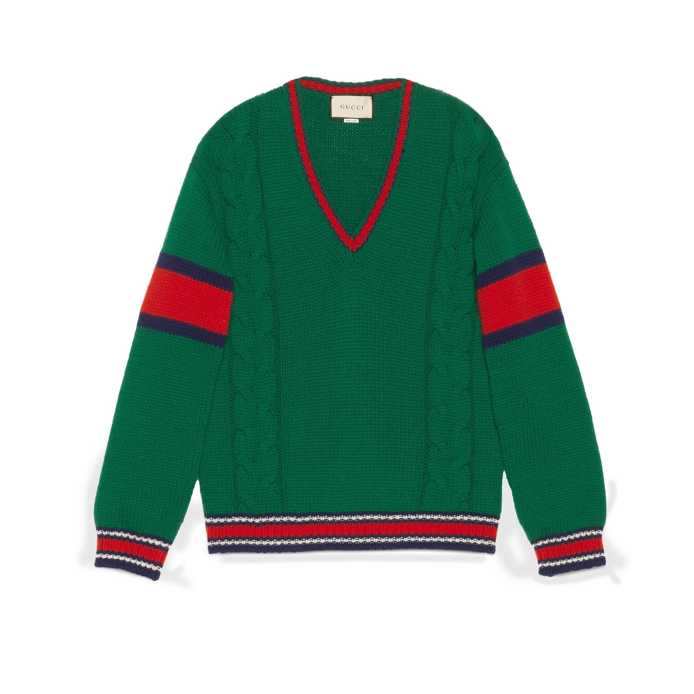 Gucci Wool Cable Knit V-neck Jumper in Green for Men - Save 4% - Lyst
