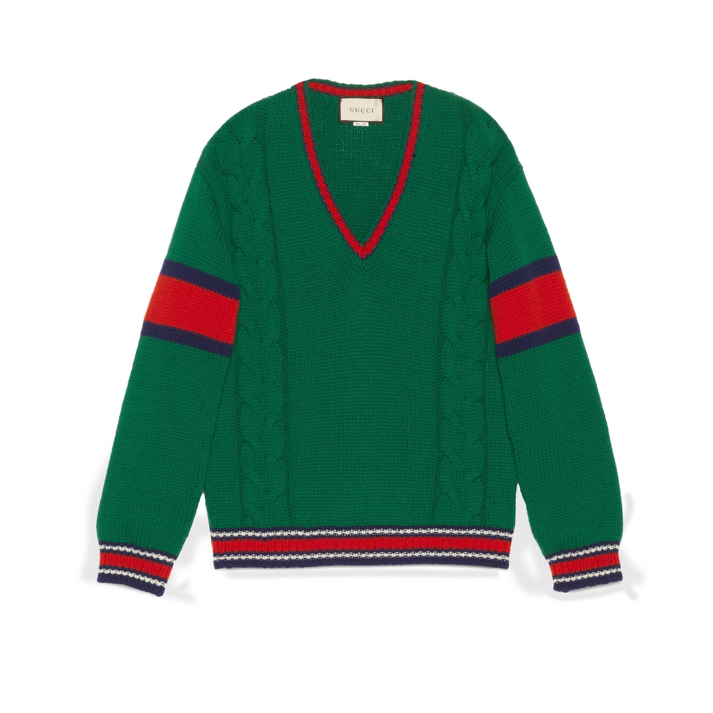 Gucci Wool Cable Knit Vneck Jumper in Green for Men Save 4 Lyst
