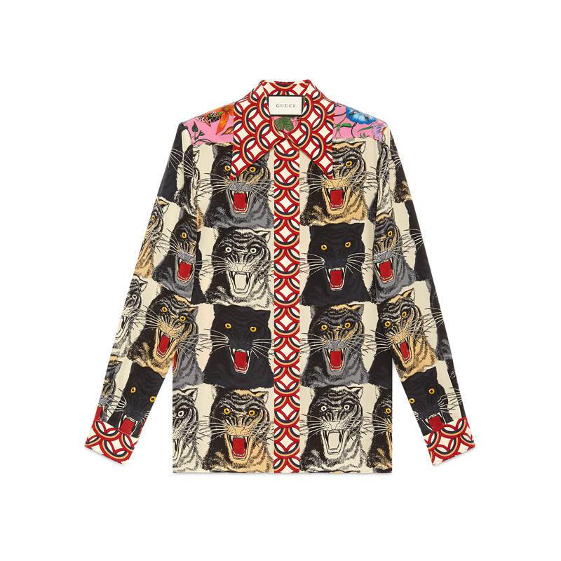 Gucci Tiger Face Print Silk Shirt | Lyst
