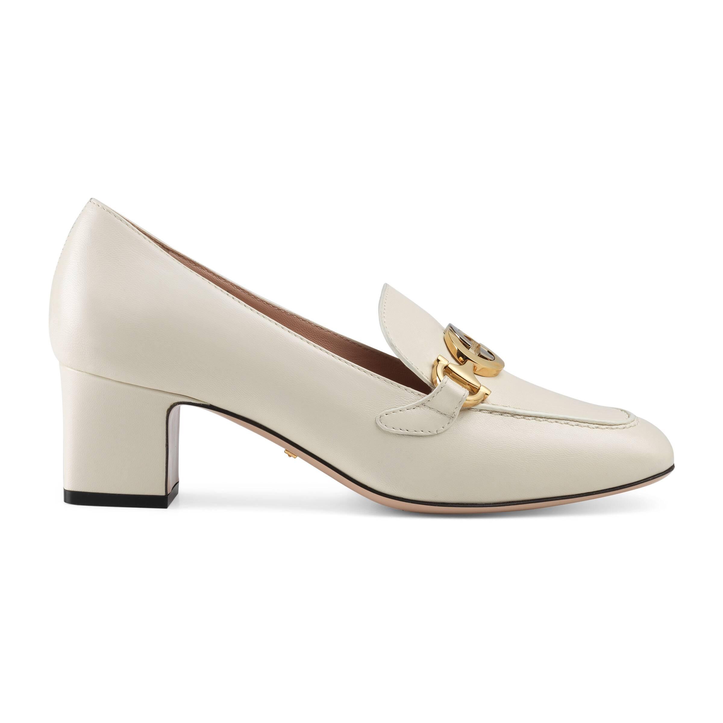 gucci mid heel loafer white