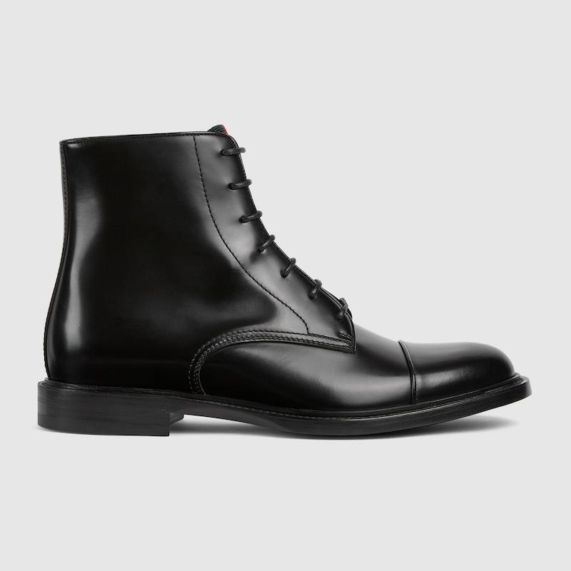 Gucci Black Leather Men\'s Lace-Up Boots Gucci Calfskin Embossed Monogram Mens Lace Up Ankle Boots 7  main image 2
