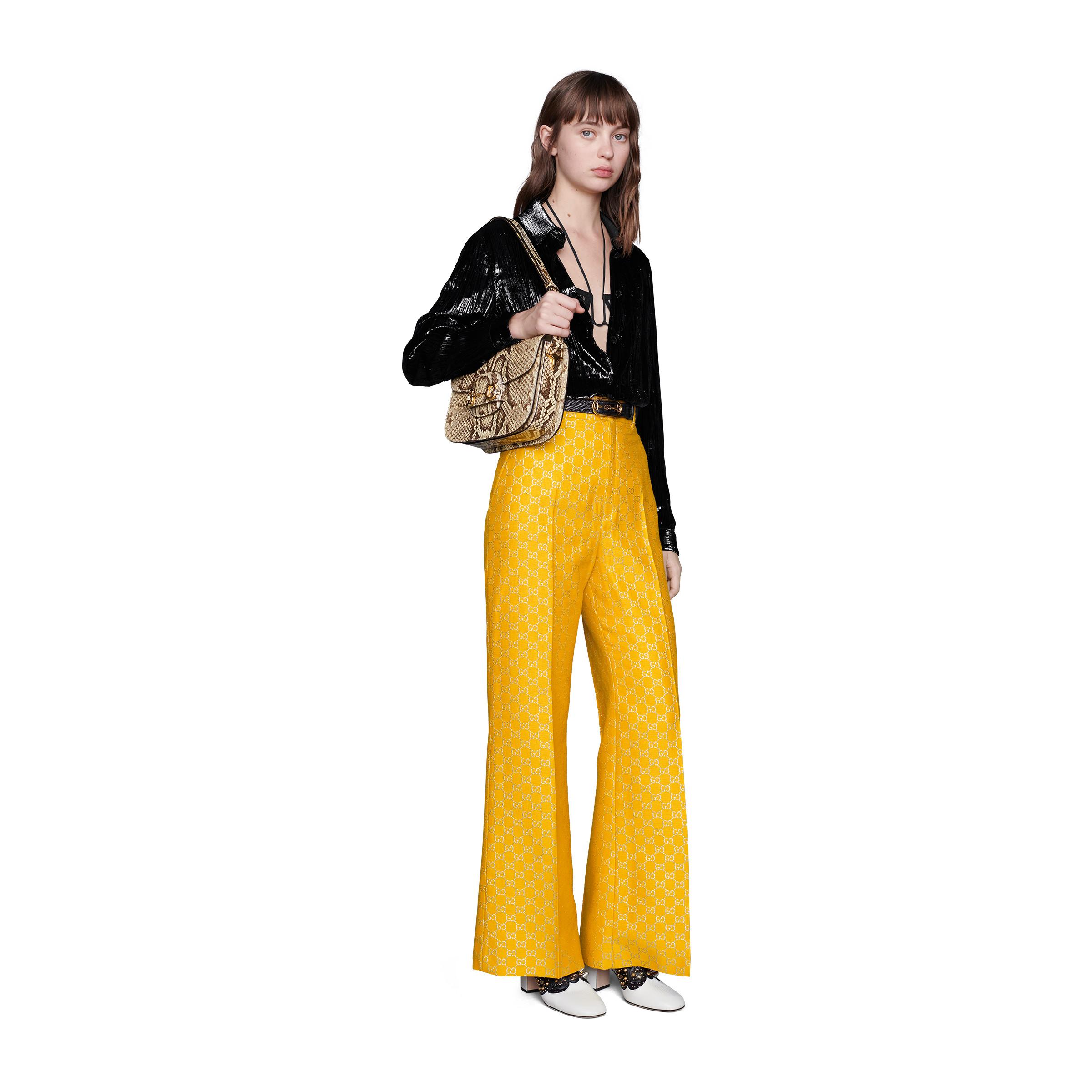 Gucci Wool Light GG Lamé Wide Trousers in Yellow - Lyst