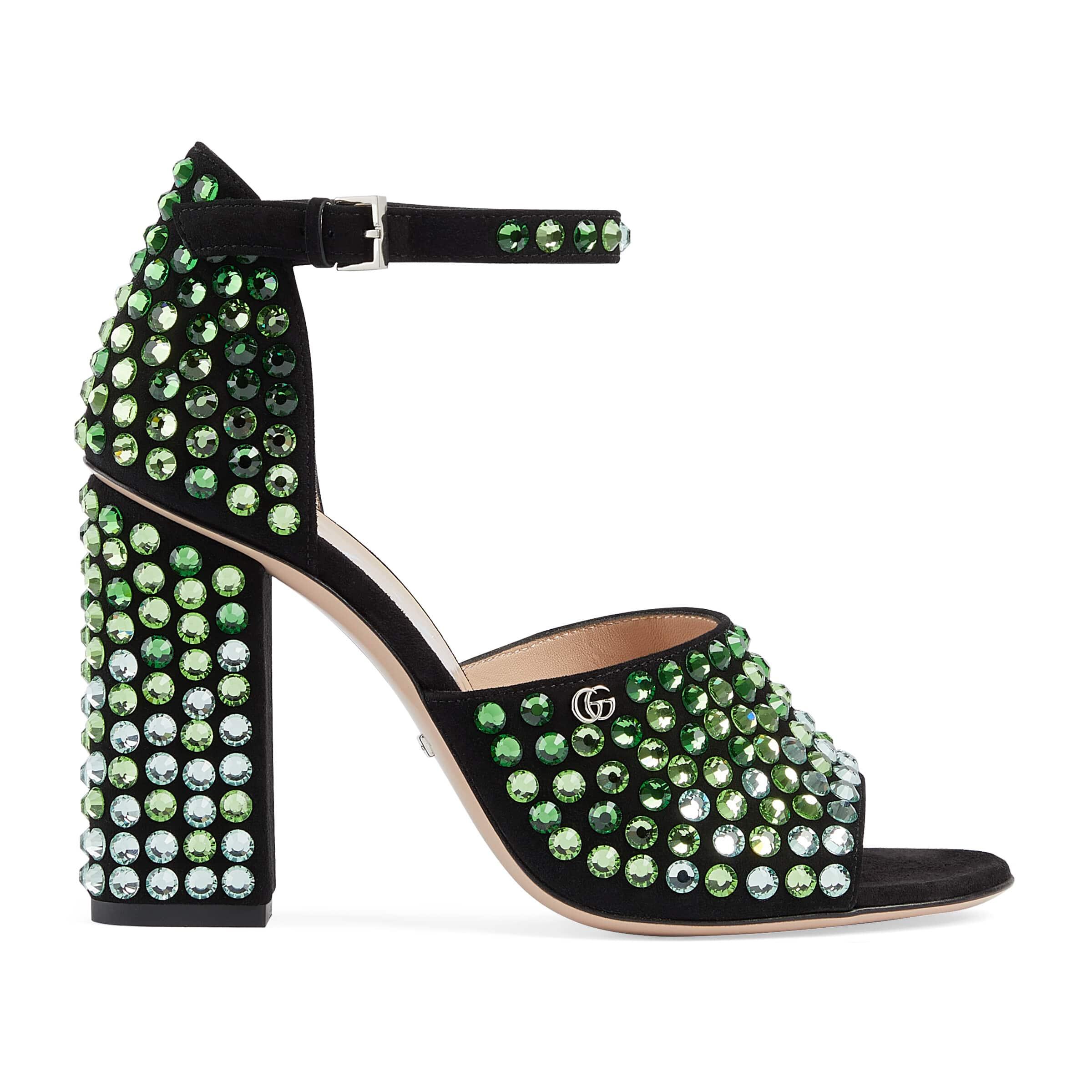 Gucci Suede Sandal With Crystals in Green | Lyst