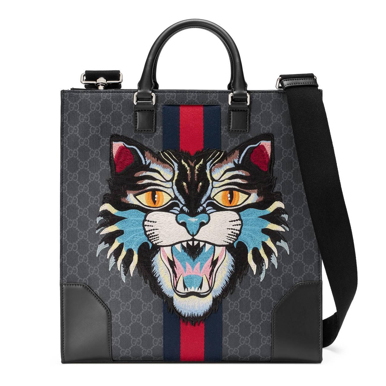gg supreme tote with embroidered angry cat