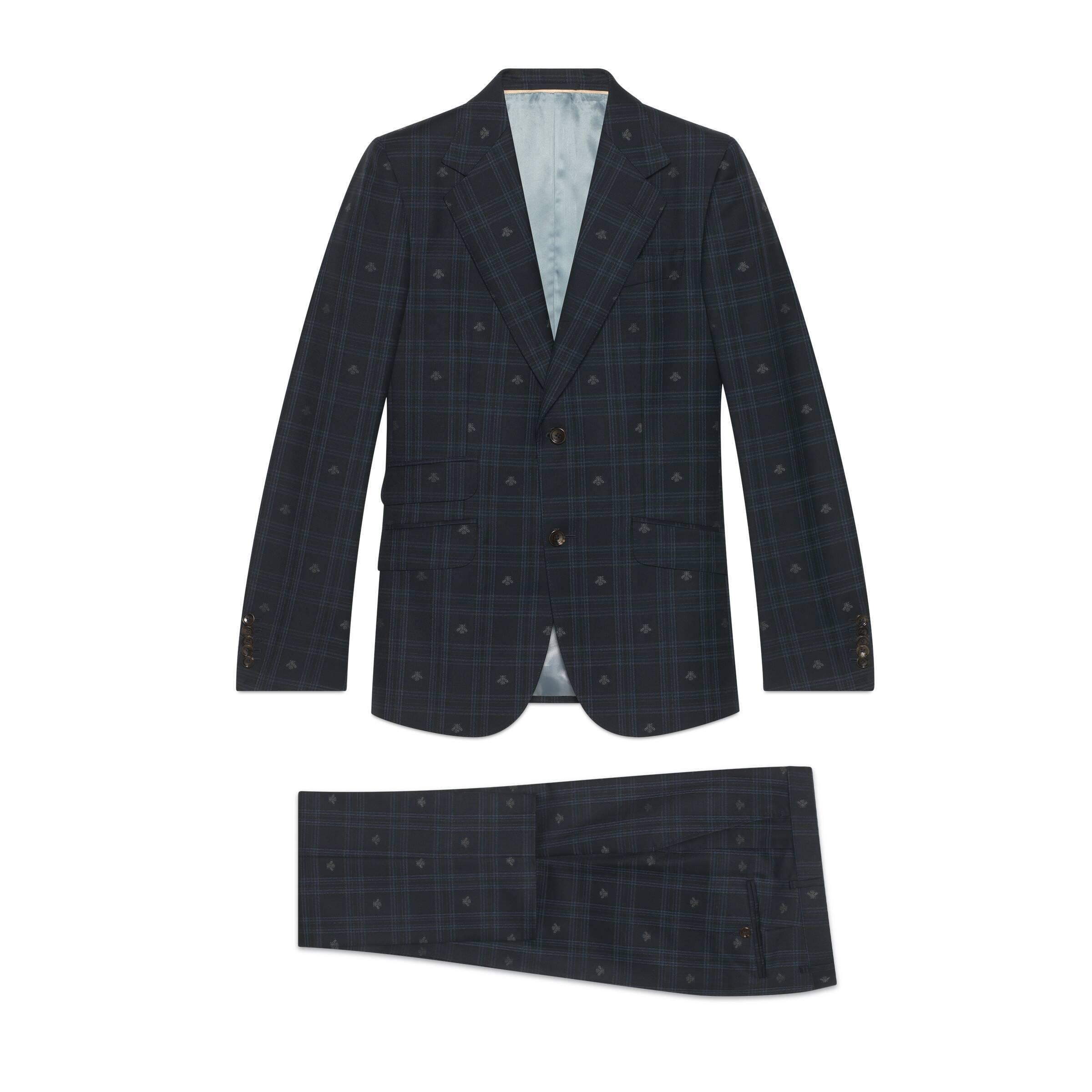Gucci Fitted Bee Check Wool Suit in Blue for Men - Lyst