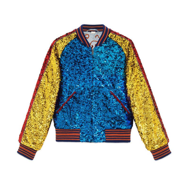 Gucci Silk Sequin Bomber Jacket in Blue 