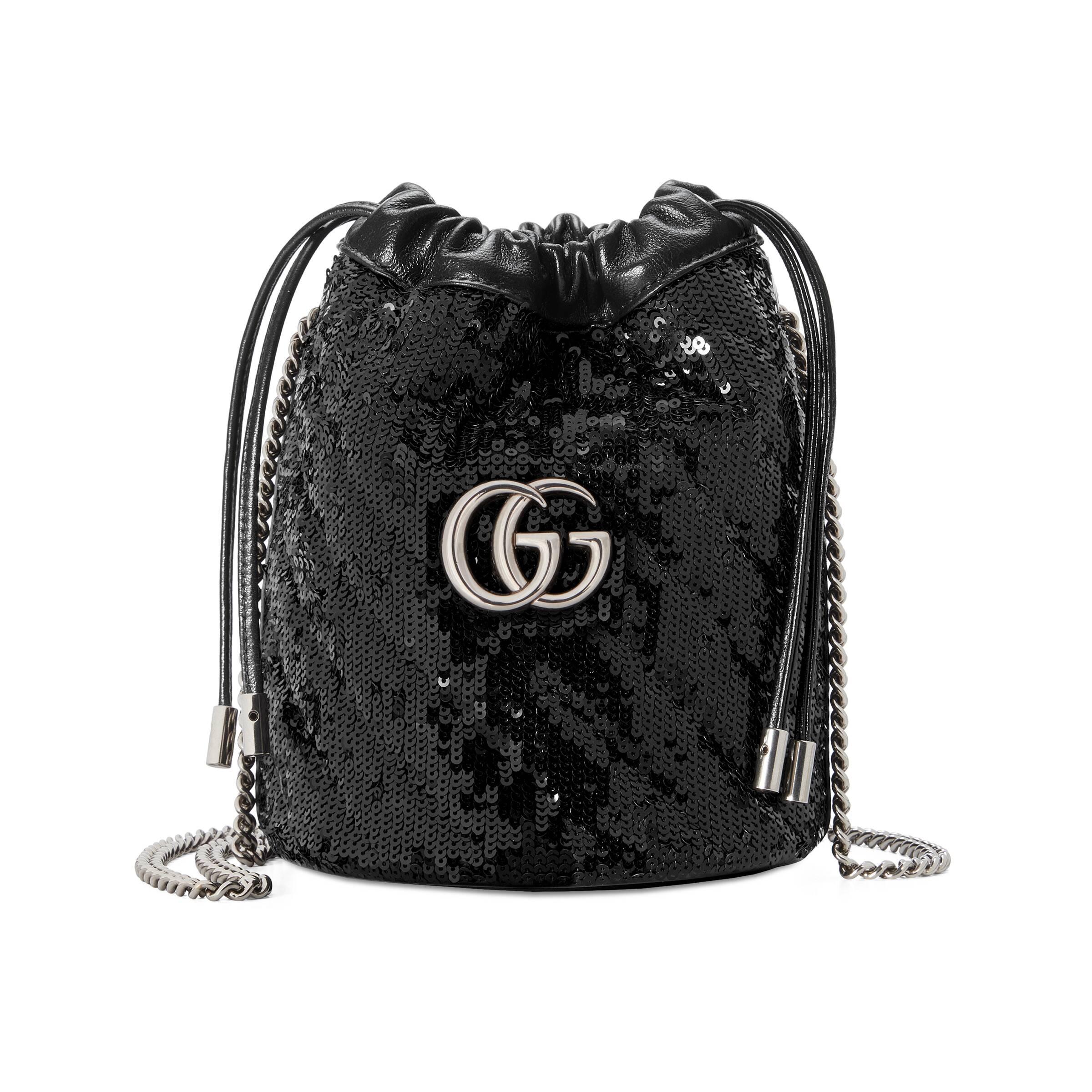 Gucci GG Marmont Mini Sequin Bucket Bag in Black | Lyst