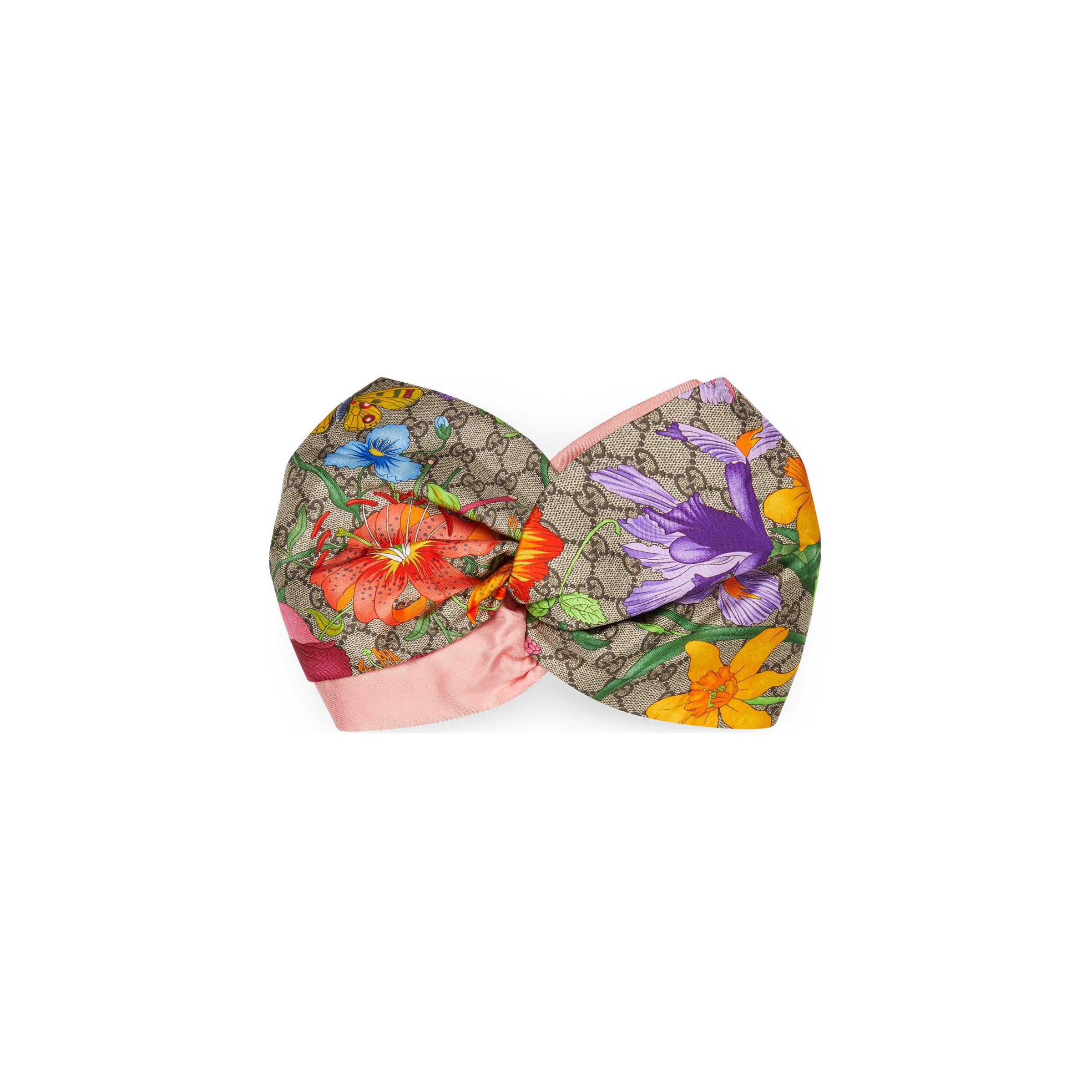 Gucci GG Flora Print Silk Headband in Natural | Lyst