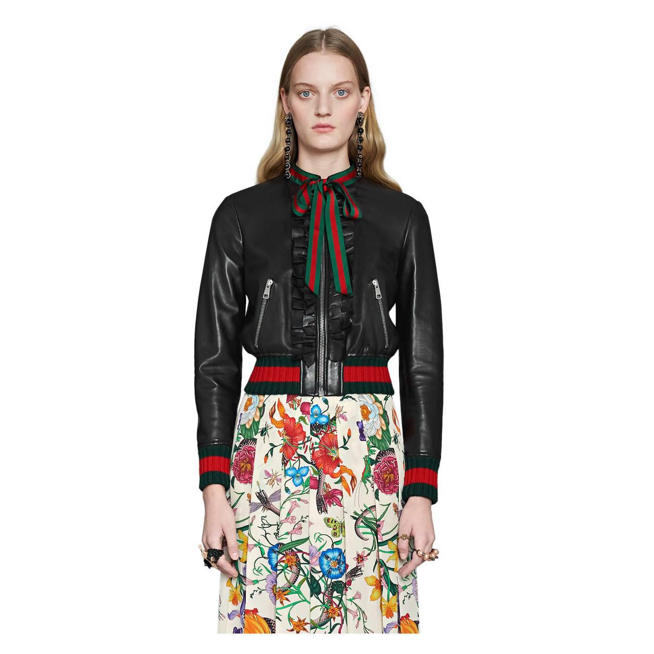 Gucci Ruffle Leather Bomber Jacket in Pink - Lyst