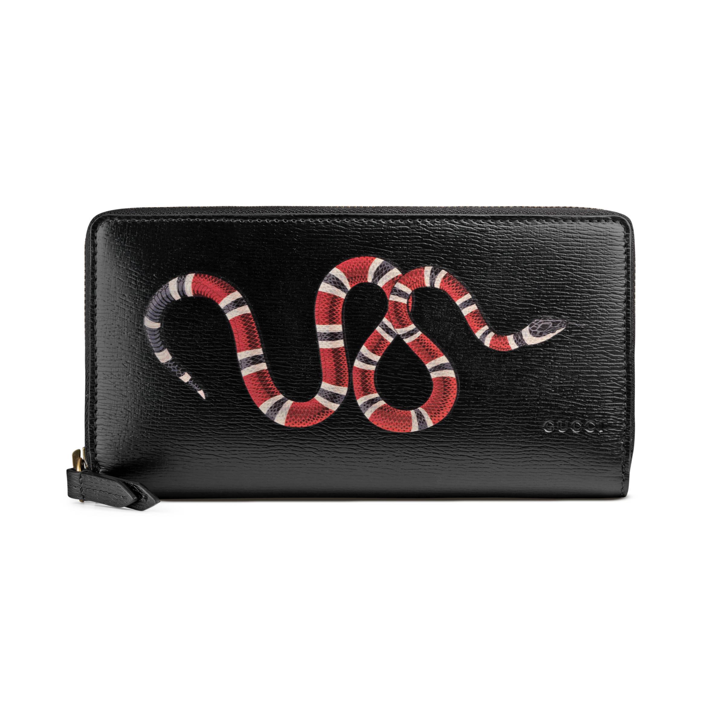 Gucci Snake Print Leather Zip Around Wallet in Black for Men | Lyst