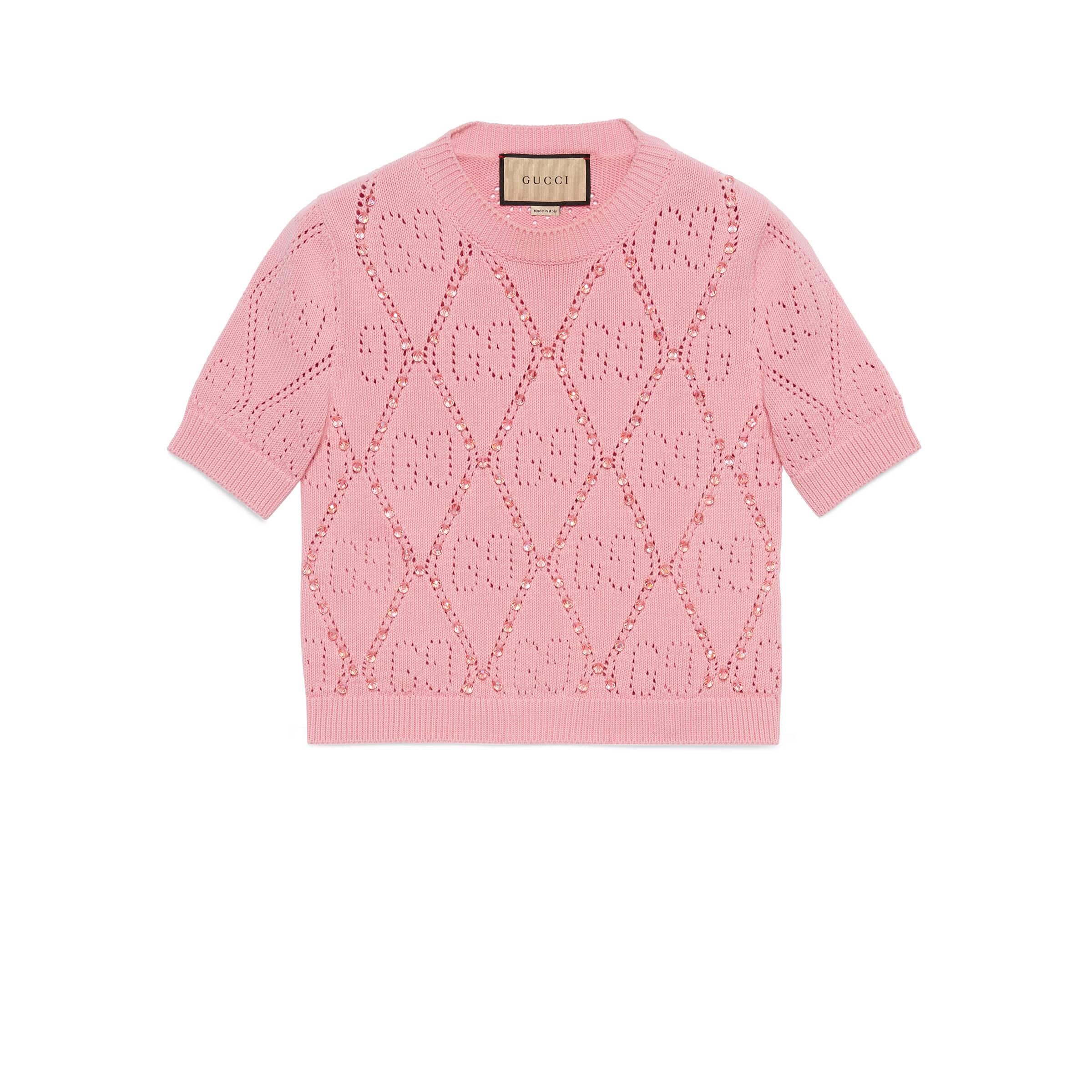 Gucci gg Cotton Knit T-shirt With Beads in Pink | Lyst