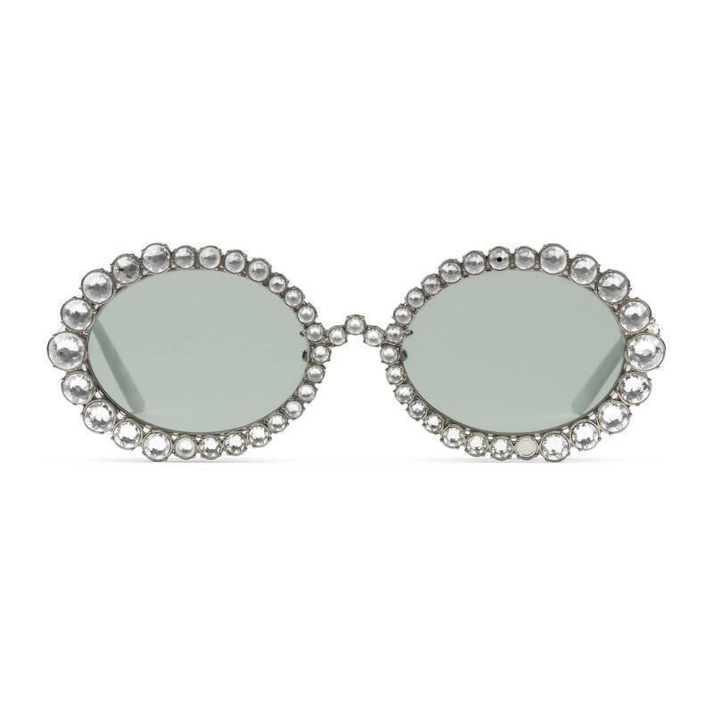 Gucci Oval Sunglasses With Crystals in White | Lyst