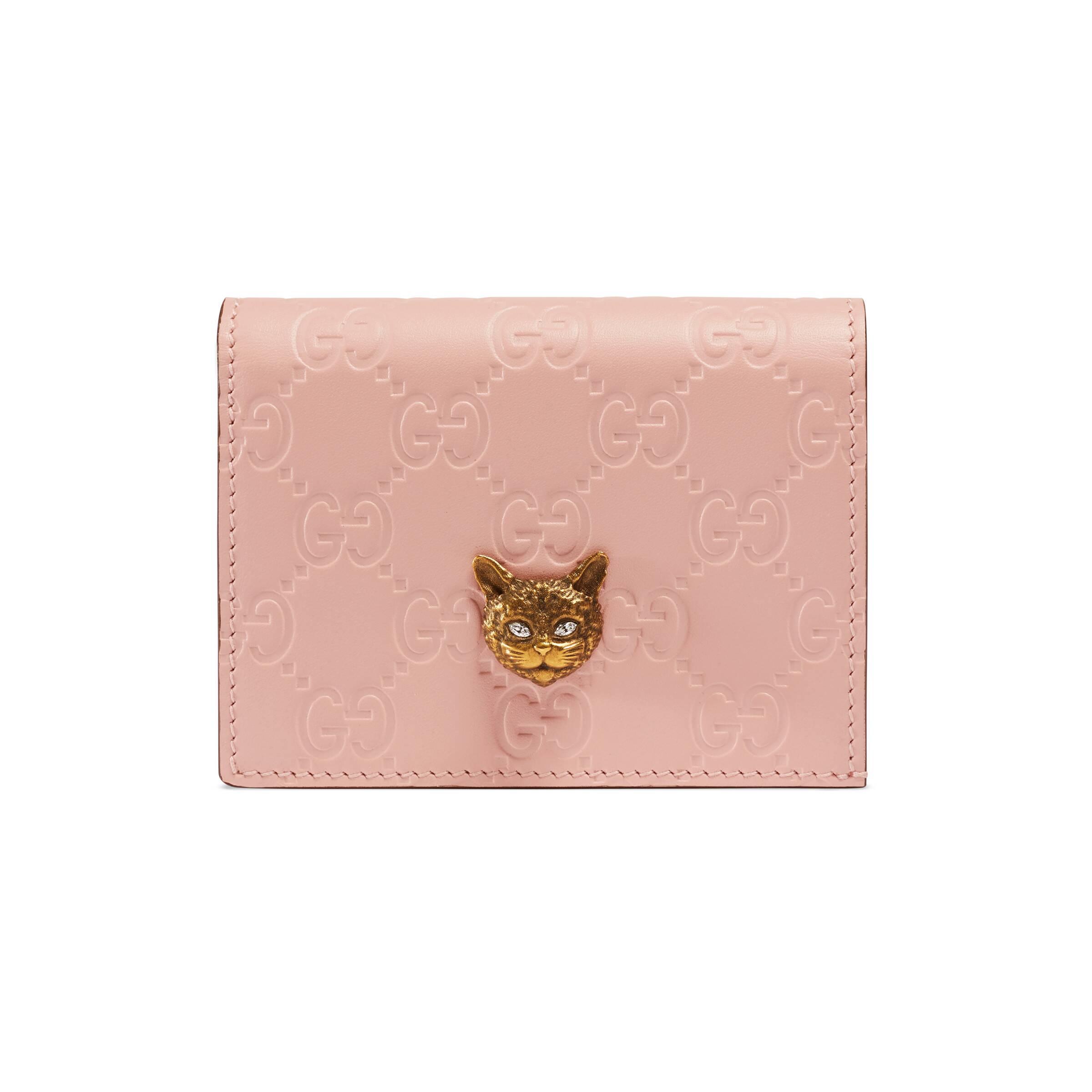 Gucci Leather Signature Card Case Wallet With Cat in Pink | Lyst