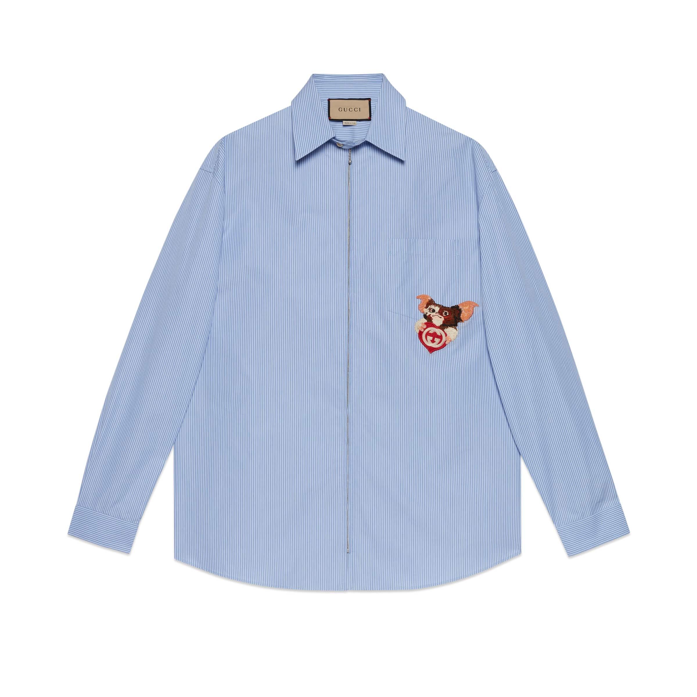 Gucci Striped Cotton Shirt With Gremlins Patch in Blue for Men | Lyst
