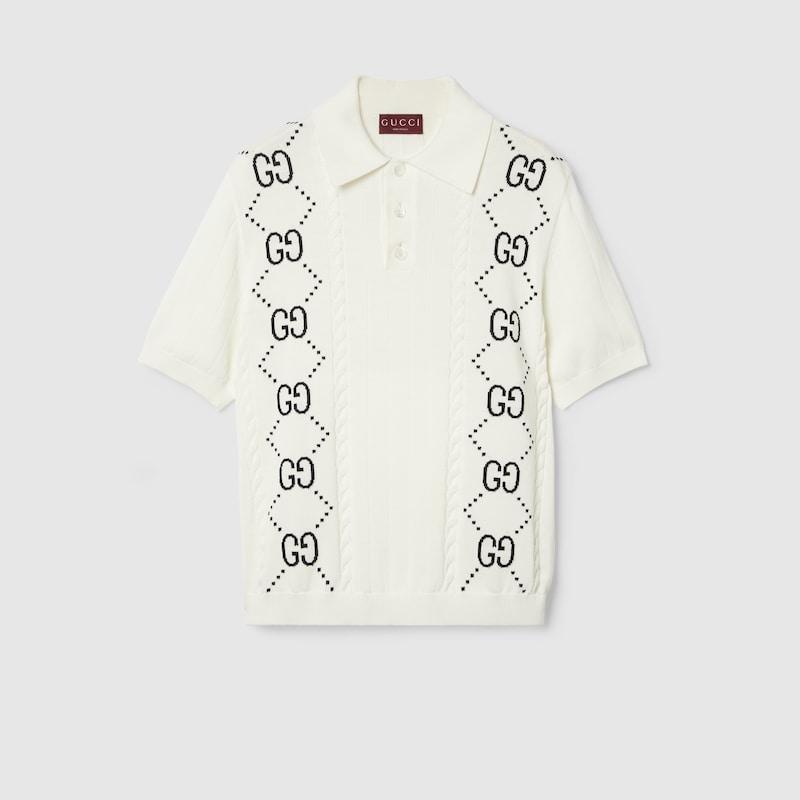GUCCI ポロニット Gucci Cotton Knit Polo Top With Gg Intarsia, Size S in Natural for