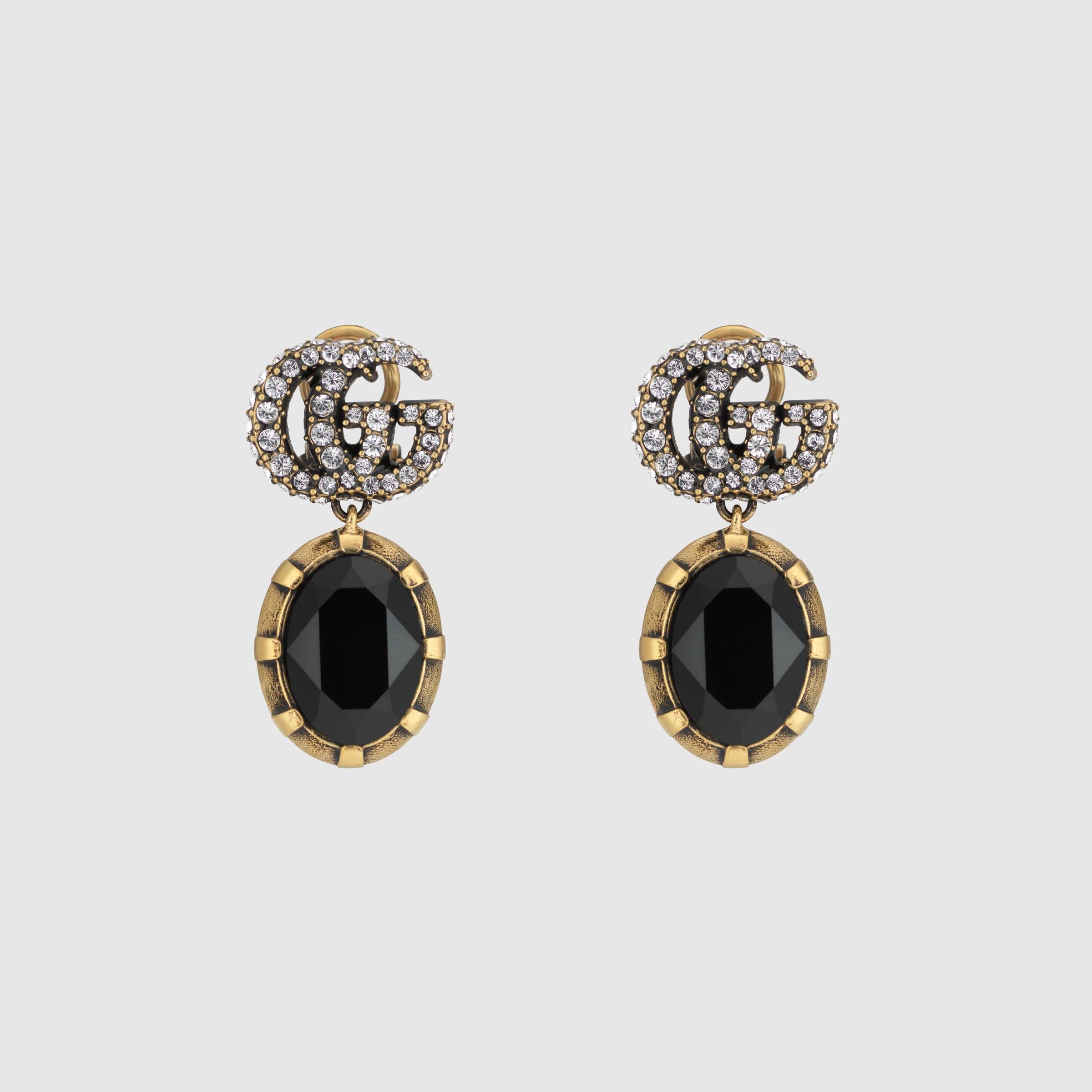 tapijt Mortal Kostbaar Gucci Double G Earrings With Black Crystals in Metallic | Lyst