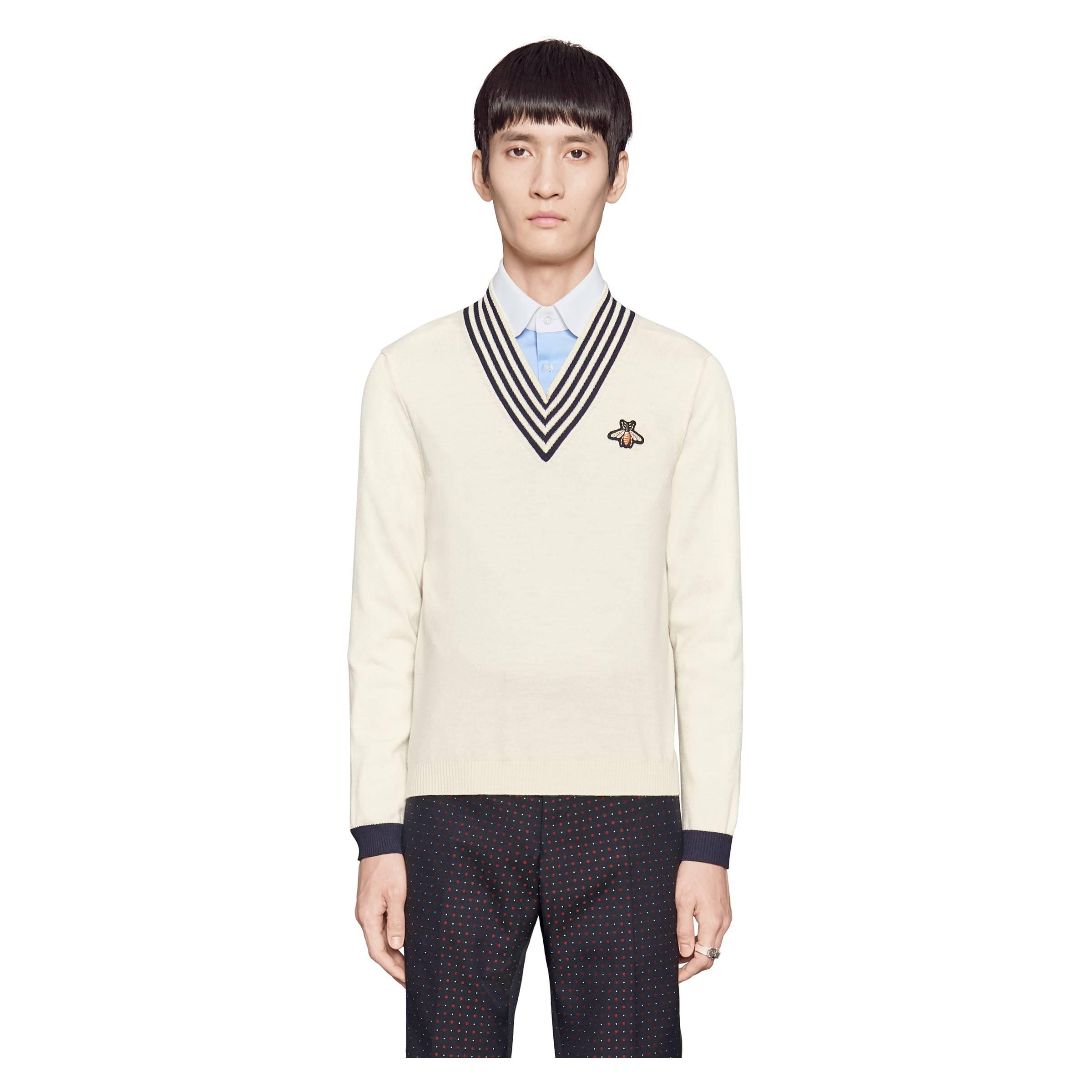 Maglione in lana con scollo a V e ape da Uomo di Gucci in Bianco | Lyst