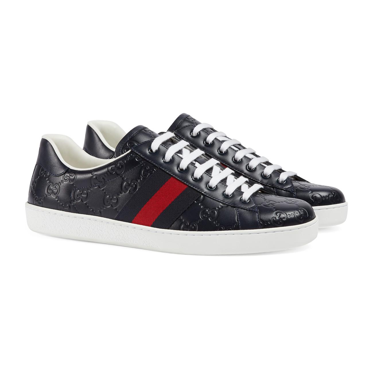 Gucci Leather Ace Signature Low-top Sneaker in Blue for Men - Lyst