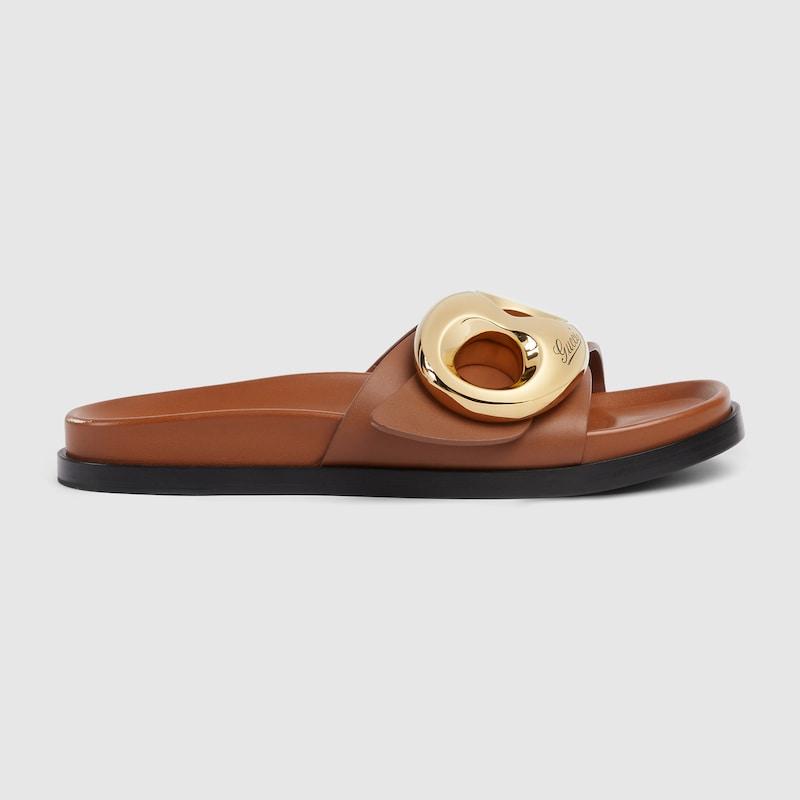 Gucci Marina Chain Slide Sandal, , Leather in Brown | Lyst