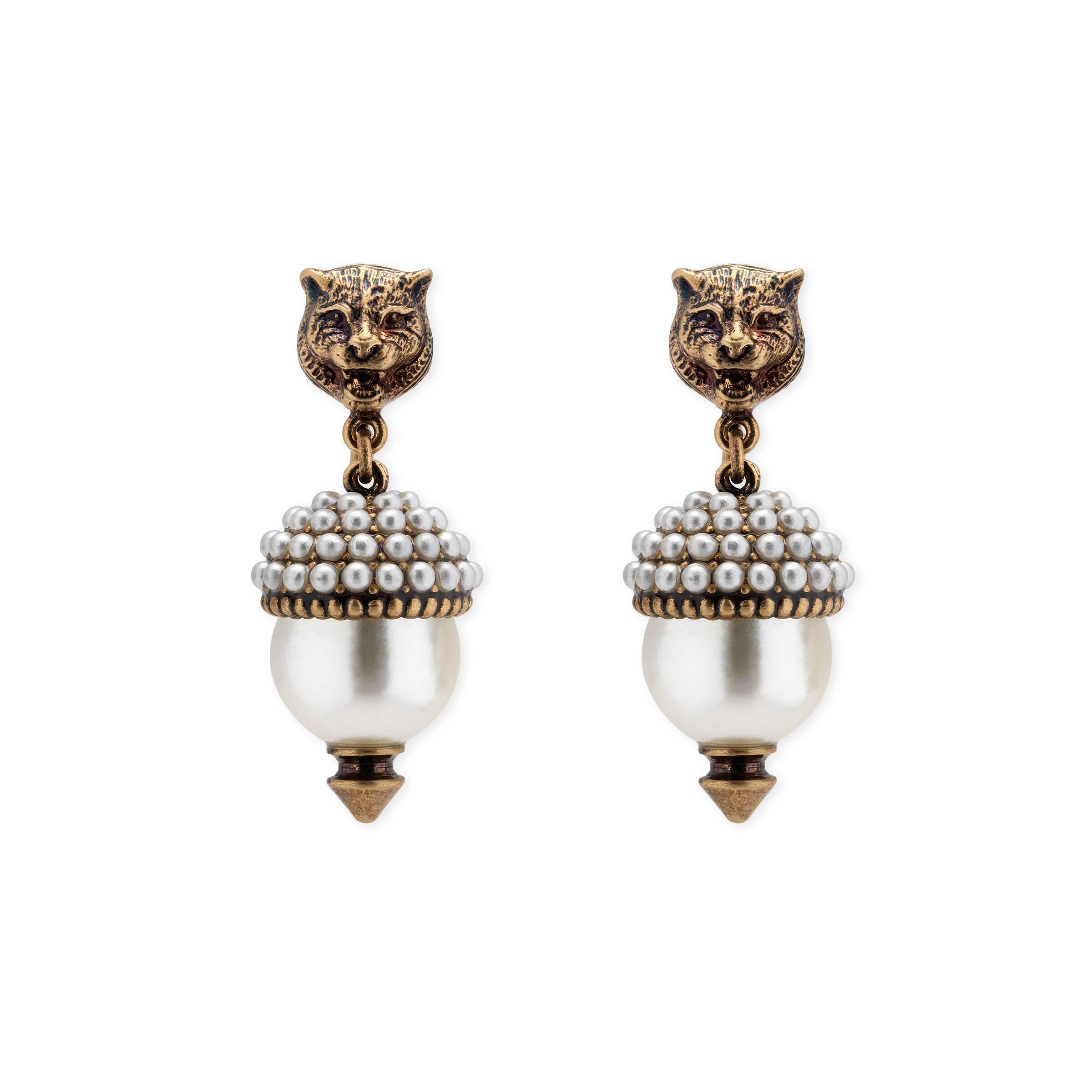 Gucci Feline Earrings With Resin Pearls 