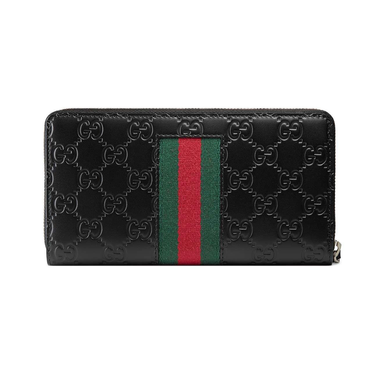 Gucci Leather Signature Web Zip Around Wallet in Black for Men - Lyst