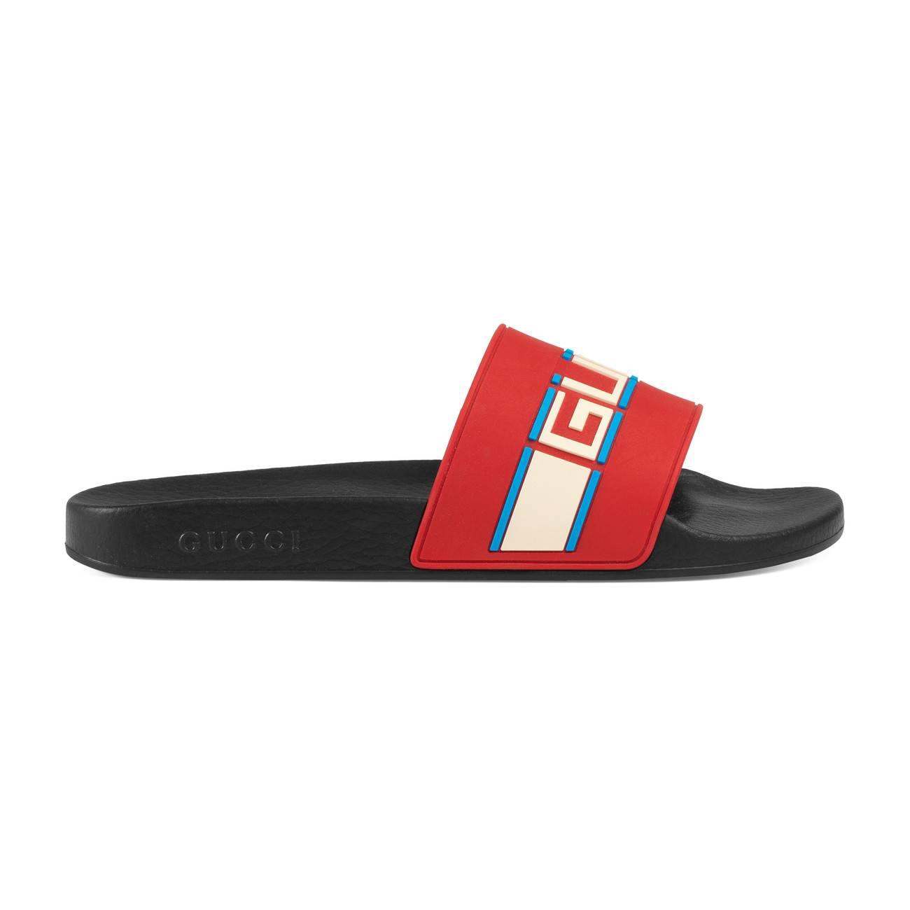 red and brown gucci slides