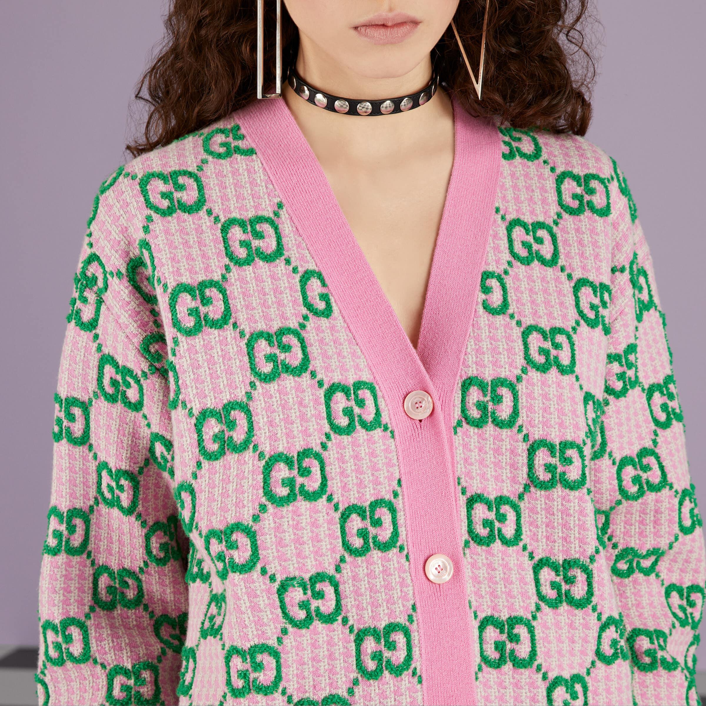 Gucci Wool Houndstooth GG Cardigan in Green | Lyst